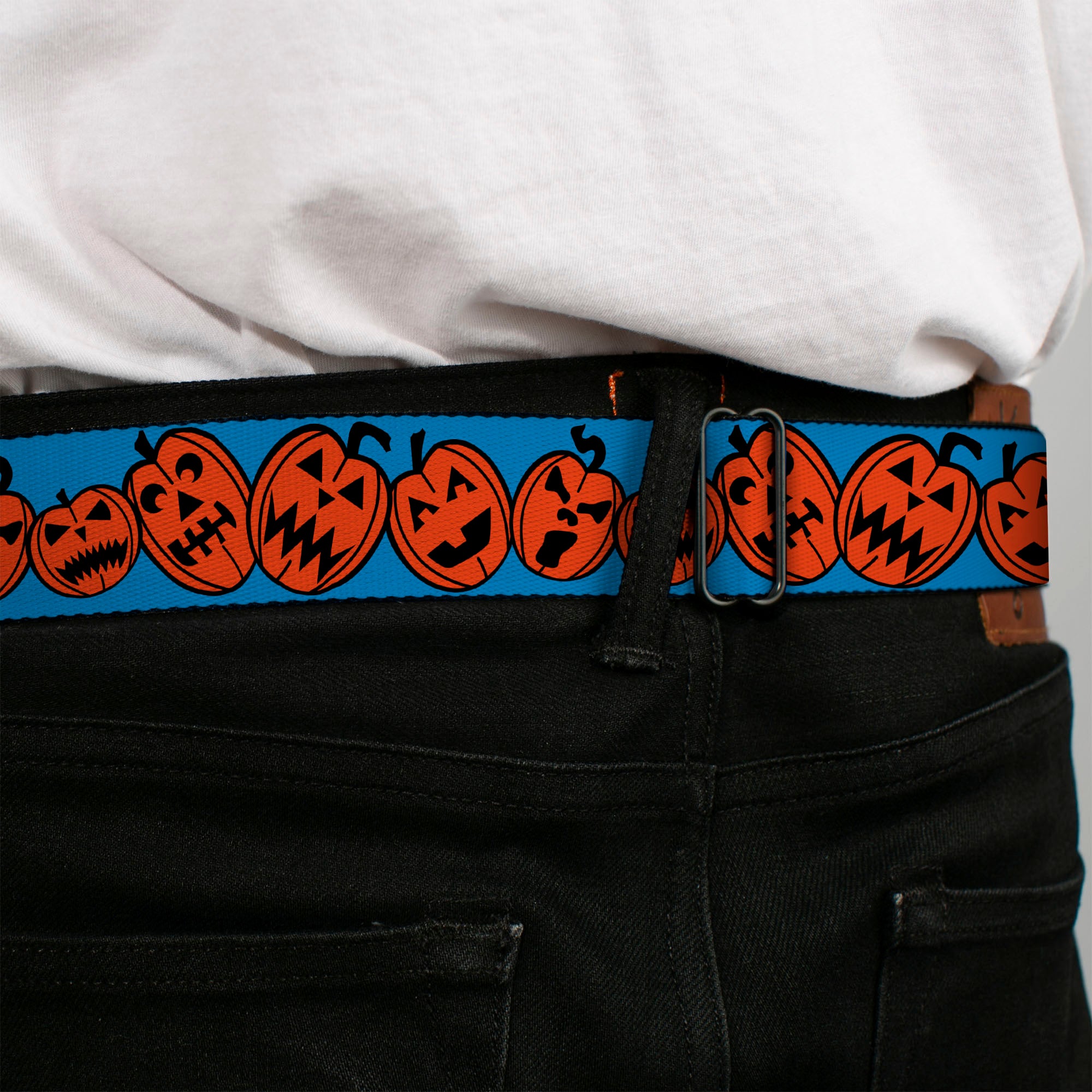 BD Wings Logo CLOSE-UP Full Color Black Silver Seatbelt Belt - Jack-o'-Lanterns Blue Webbing Seatbelt Belts Buckle-Down
