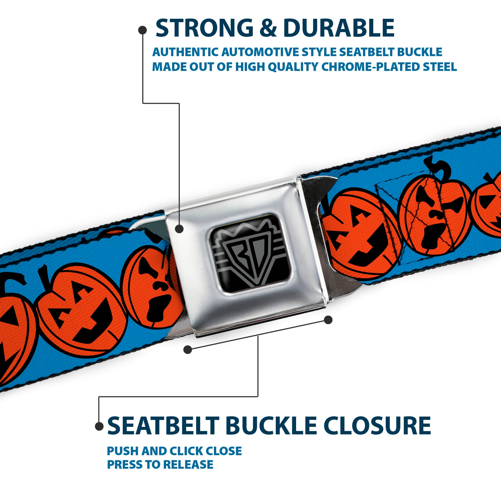 BD Wings Logo CLOSE-UP Full Color Black Silver Seatbelt Belt - Jack-o'-Lanterns Blue Webbing Seatbelt Belts Buckle-Down