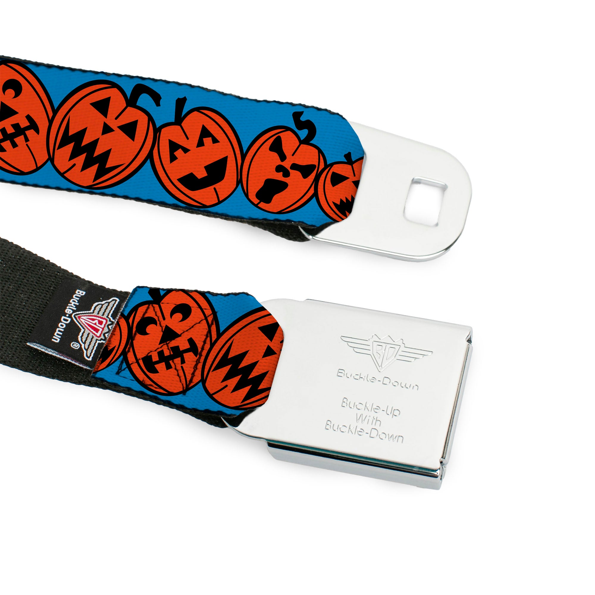 BD Wings Logo CLOSE-UP Full Color Black Silver Seatbelt Belt - Jack-o'-Lanterns Blue Webbing Seatbelt Belts Buckle-Down
