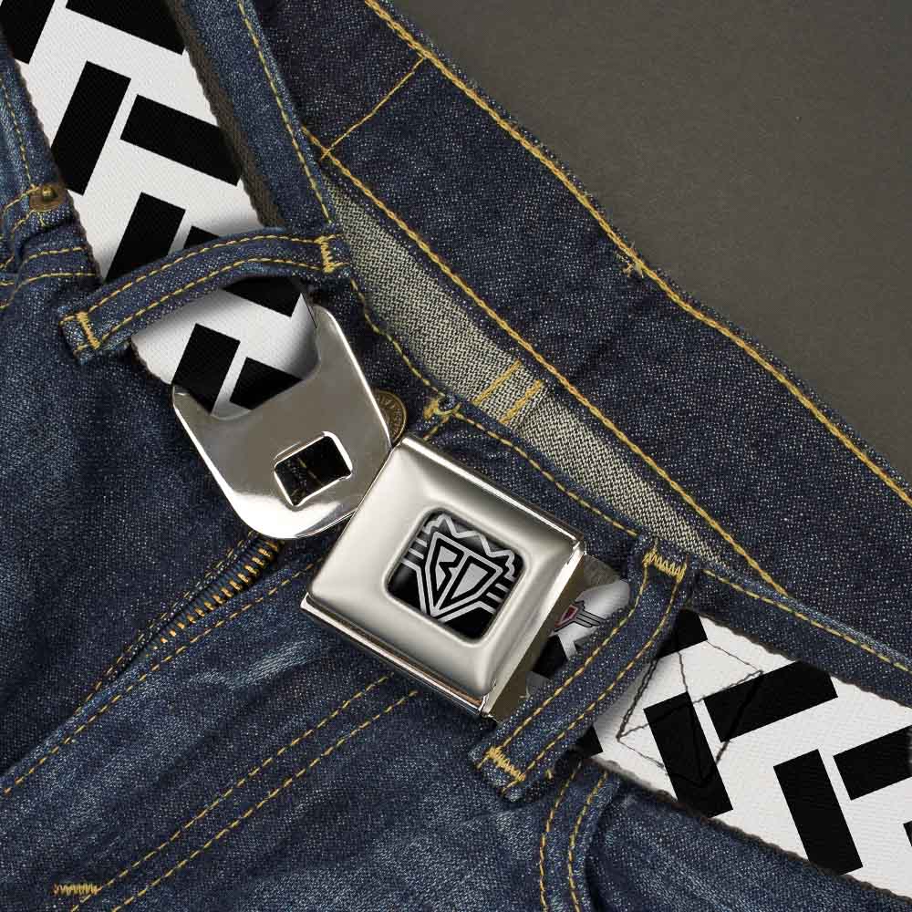 BD Wings Logo CLOSE-UP Full Color Black Silver Seatbelt Belt - Jagged Chevron White/Black Webbing Seatbelt Belts Buckle-Down