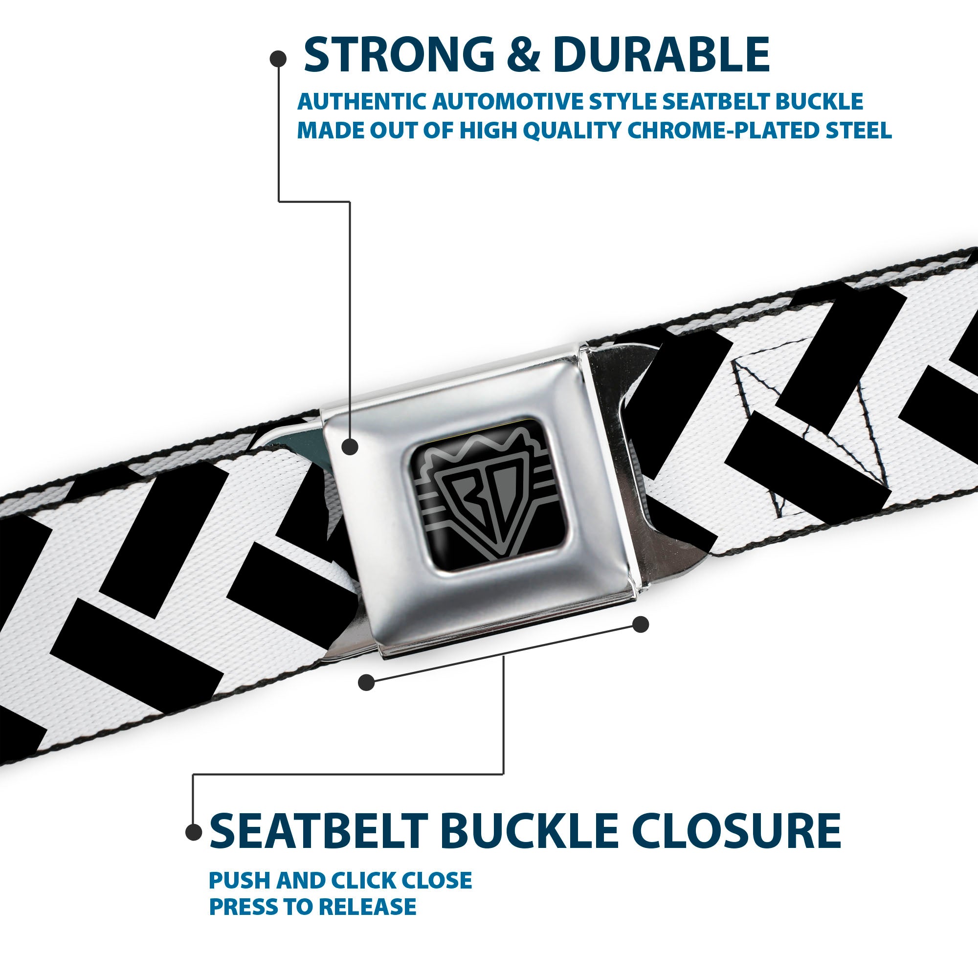 BD Wings Logo CLOSE-UP Full Color Black Silver Seatbelt Belt - Jagged Chevron White/Black Webbing Seatbelt Belts Buckle-Down
