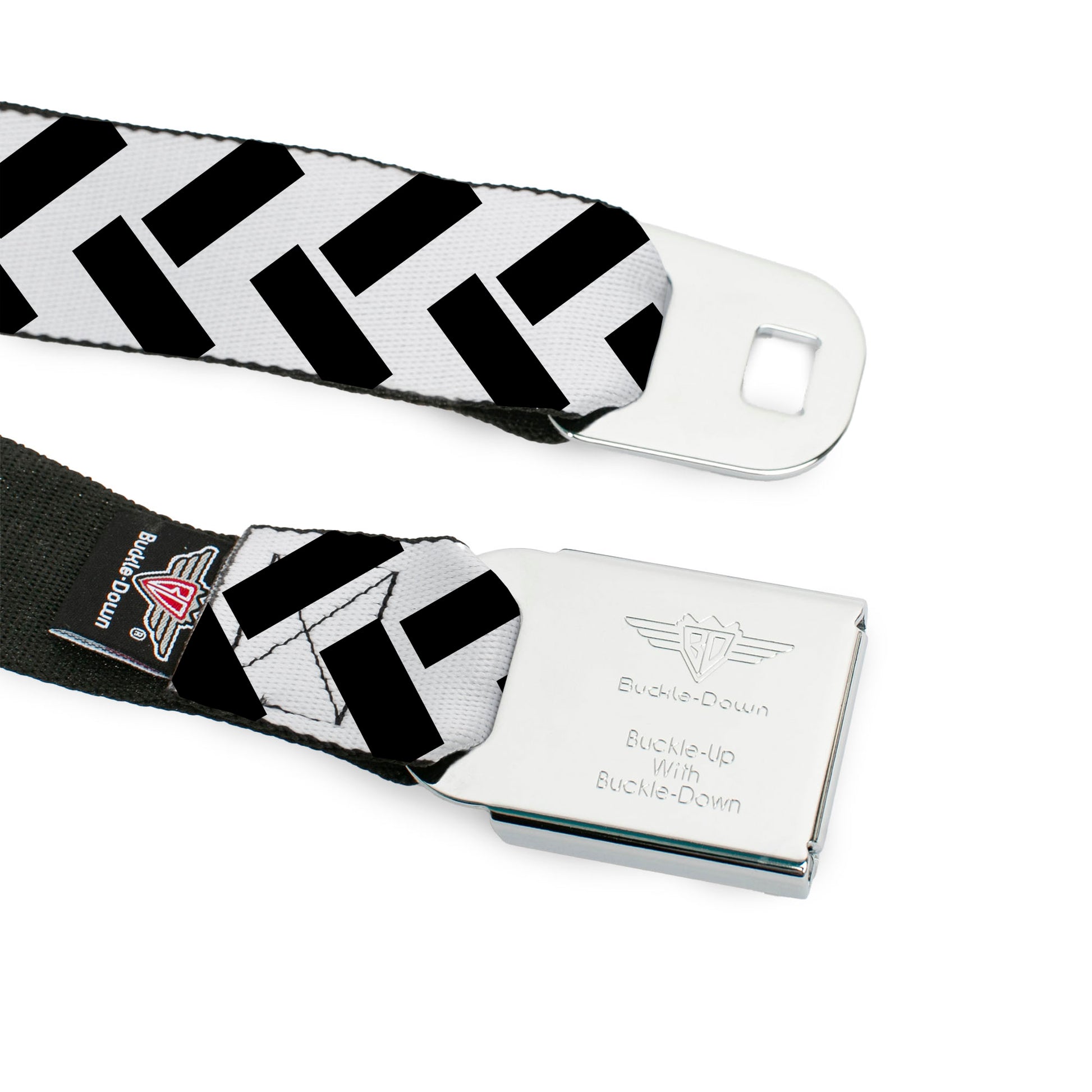 BD Wings Logo CLOSE-UP Full Color Black Silver Seatbelt Belt - Jagged Chevron White/Black Webbing Seatbelt Belts Buckle-Down