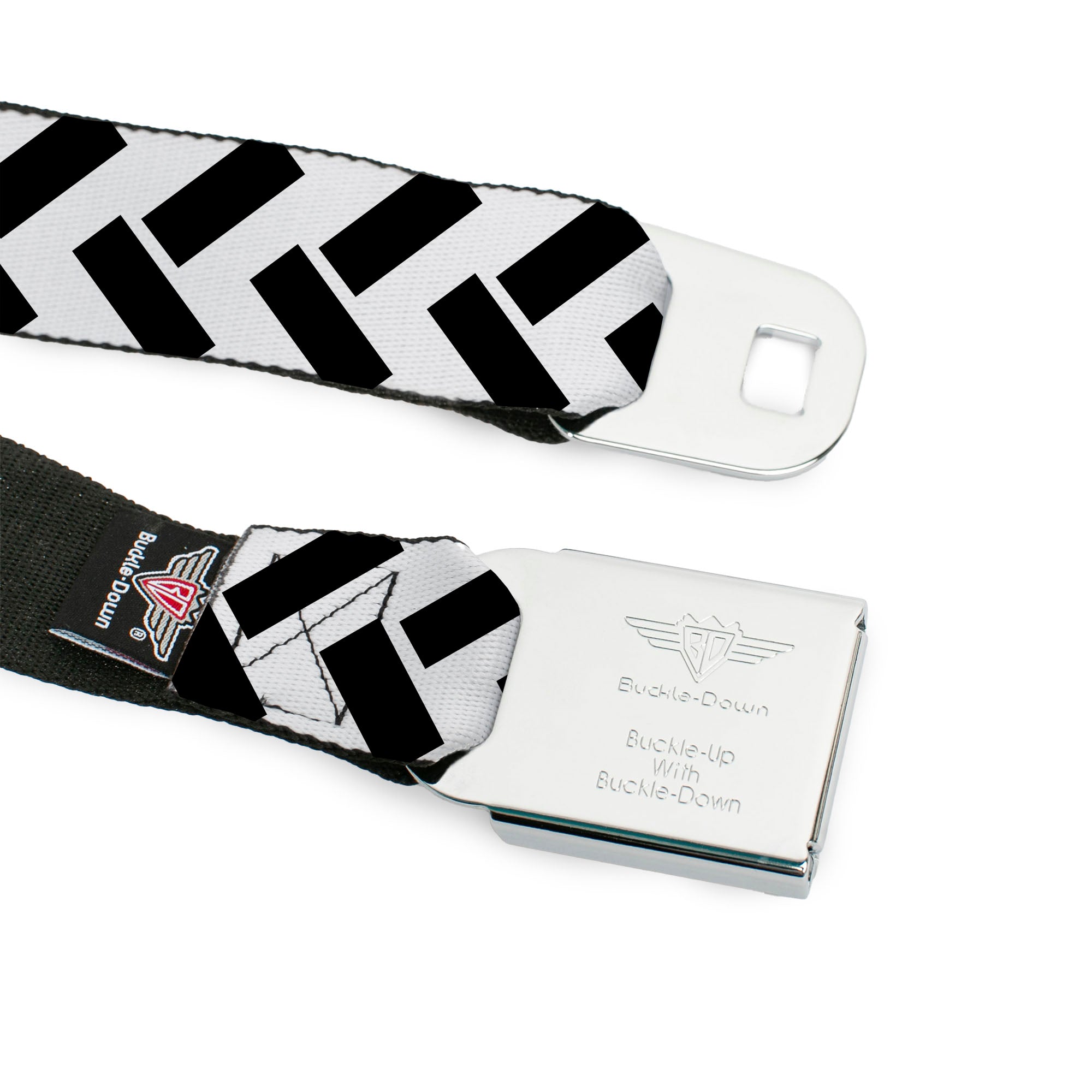 BD Wings Logo CLOSE-UP Full Color Black Silver Seatbelt Belt - Jagged Chevron White/Black Webbing Seatbelt Belts Buckle-Down