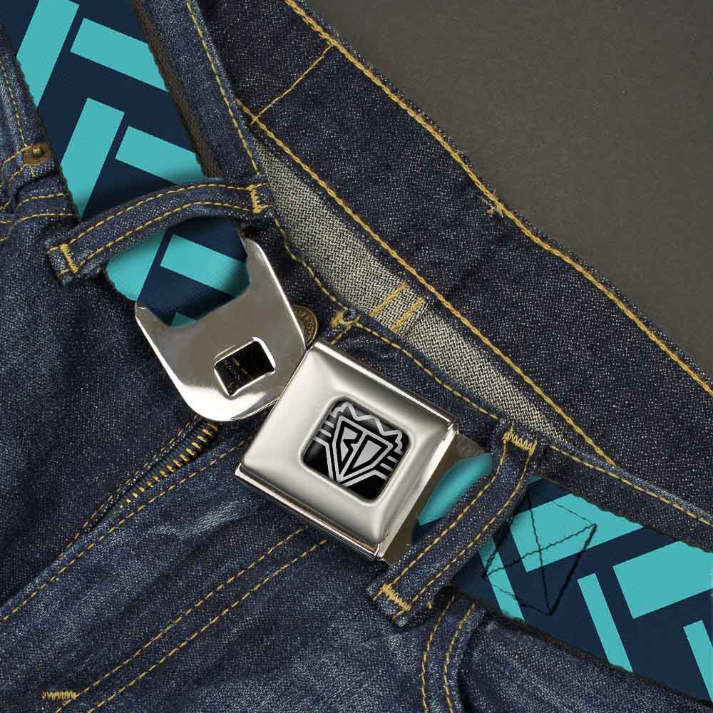 BD Wings Logo CLOSE-UP Full Color Black Silver Seatbelt Belt - Jagged Chevron Navy/Turquoise Webbing Seatbelt Belts Buckle-Down