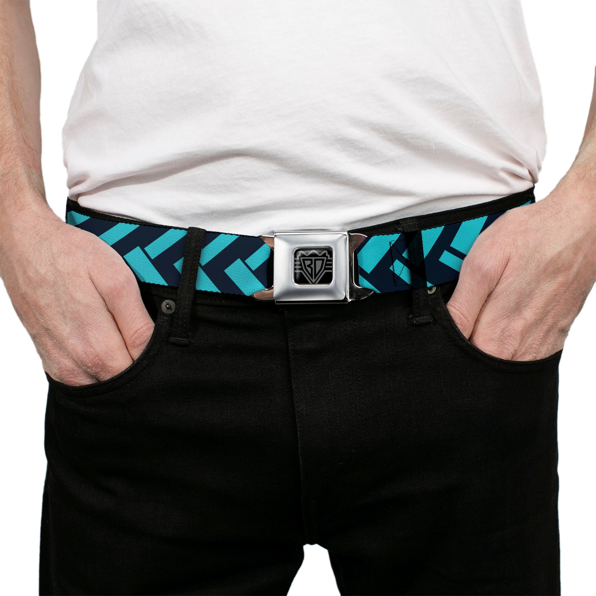 BD Wings Logo CLOSE-UP Full Color Black Silver Seatbelt Belt - Jagged Chevron Navy/Turquoise Webbing Seatbelt Belts Buckle-Down