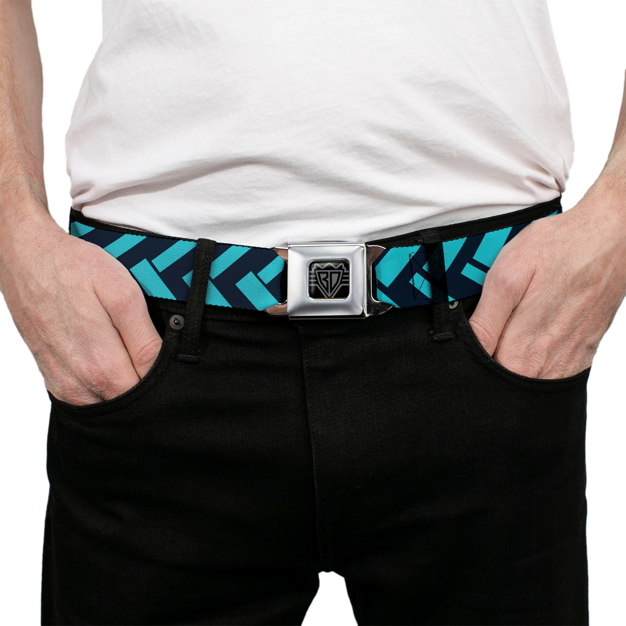 BD Wings Logo CLOSE-UP Full Color Black Silver Seatbelt Belt - Jagged Chevron Navy/Turquoise Webbing Seatbelt Belts Buckle-Down