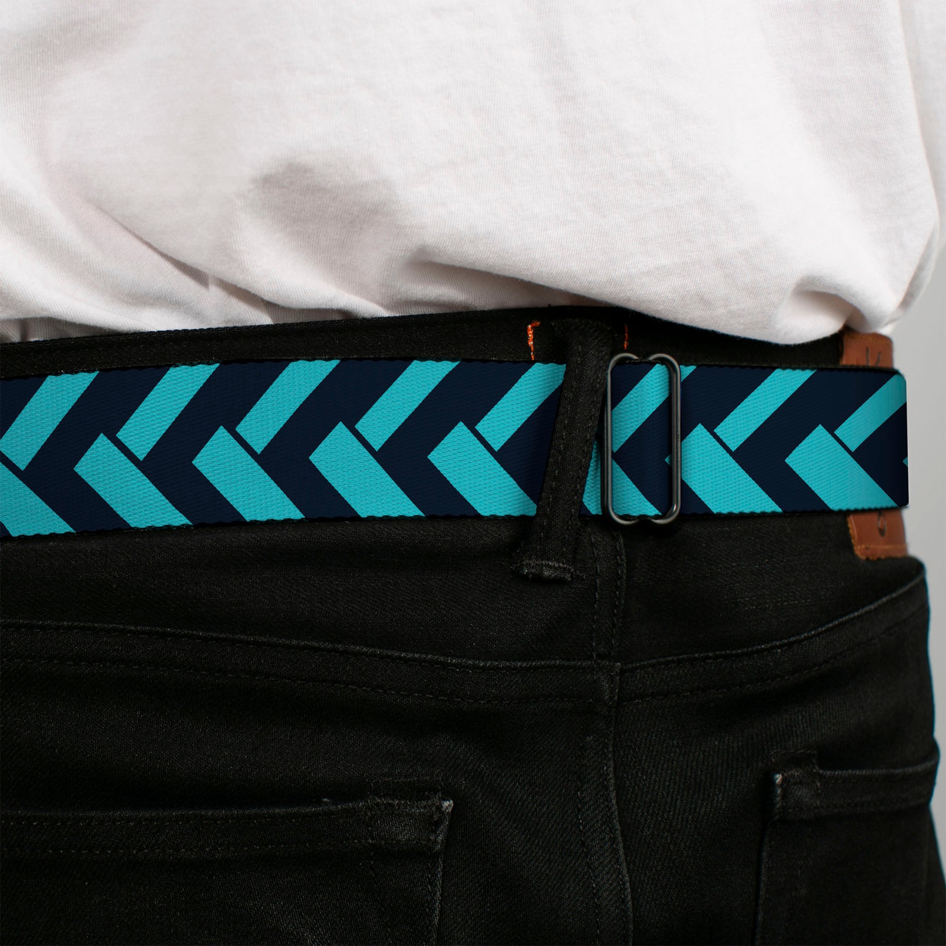 BD Wings Logo CLOSE-UP Full Color Black Silver Seatbelt Belt - Jagged Chevron Navy/Turquoise Webbing Seatbelt Belts Buckle-Down