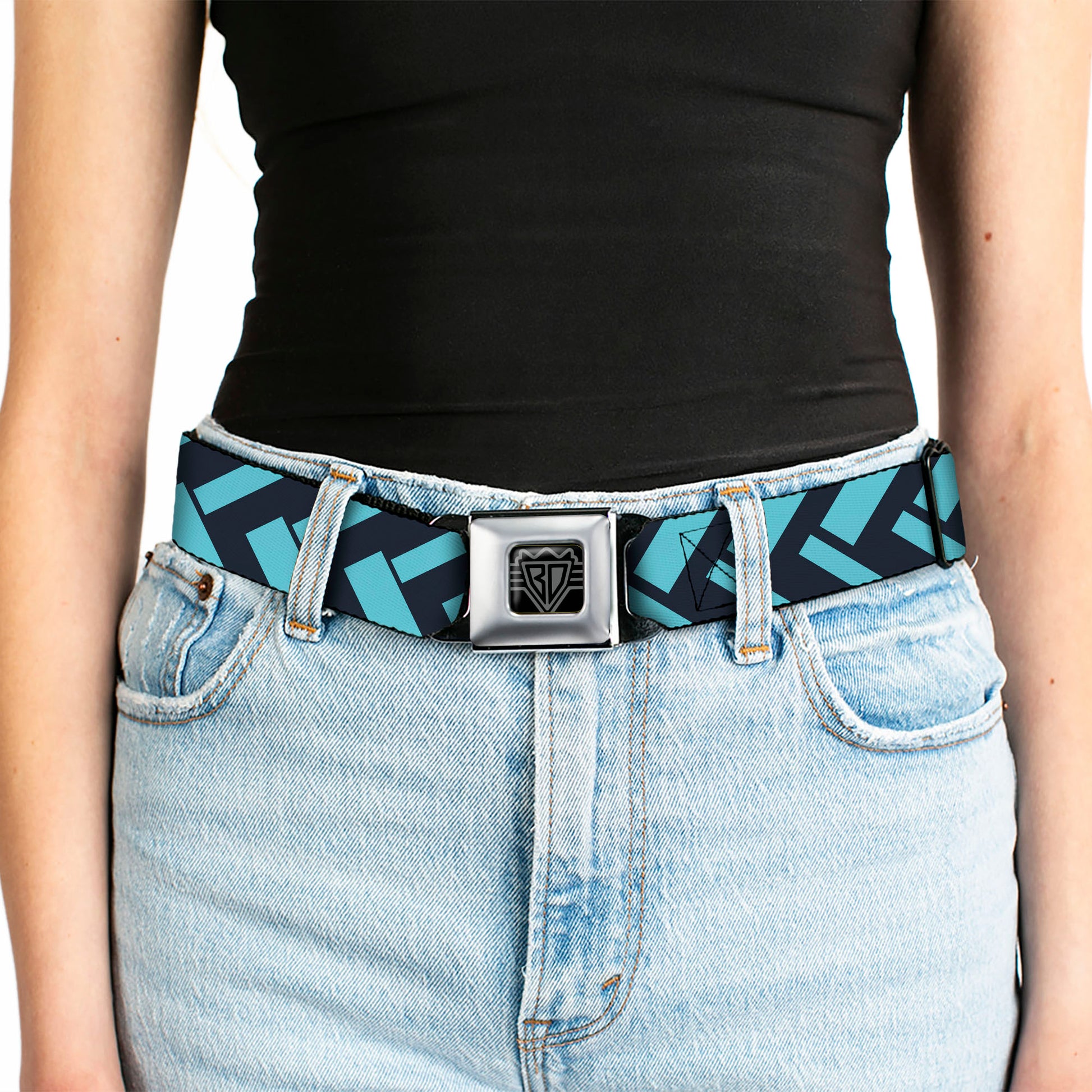 BD Wings Logo CLOSE-UP Full Color Black Silver Seatbelt Belt - Jagged Chevron Navy/Turquoise Webbing Seatbelt Belts Buckle-Down
