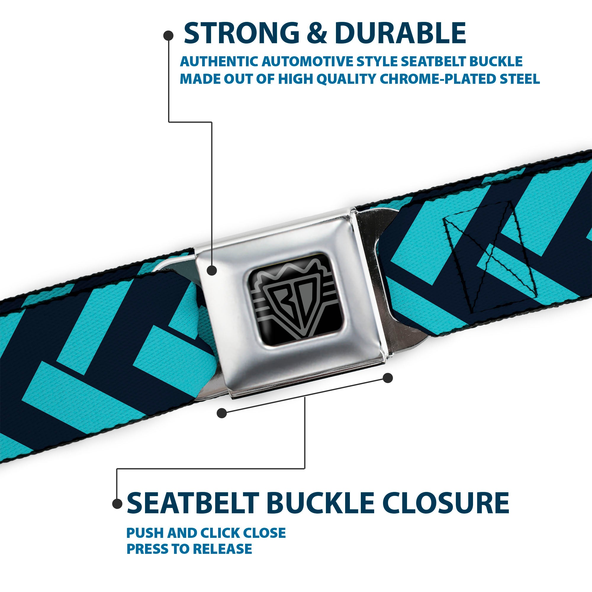 BD Wings Logo CLOSE-UP Full Color Black Silver Seatbelt Belt - Jagged Chevron Navy/Turquoise Webbing Seatbelt Belts Buckle-Down