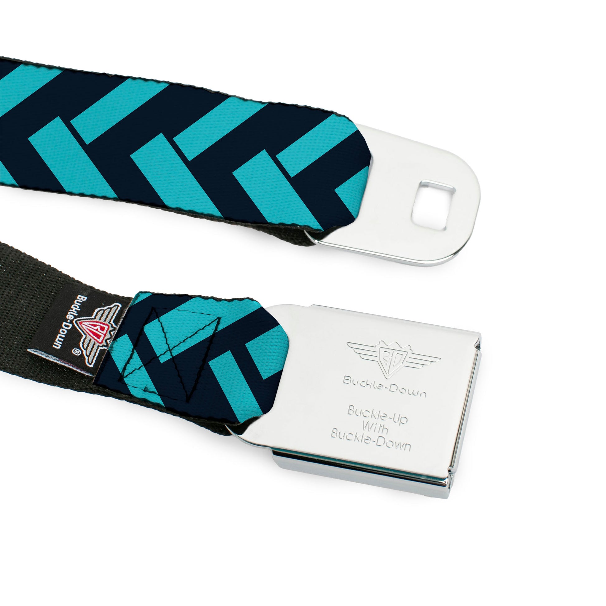 BD Wings Logo CLOSE-UP Full Color Black Silver Seatbelt Belt - Jagged Chevron Navy/Turquoise Webbing Seatbelt Belts Buckle-Down