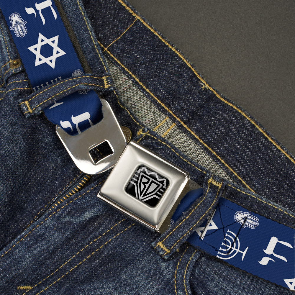 BD Wings Logo CLOSE-UP Full Color Black Silver Seatbelt Belt - Jewish Symbols-4 Blue/White Webbing Seatbelt Belts Buckle-Down