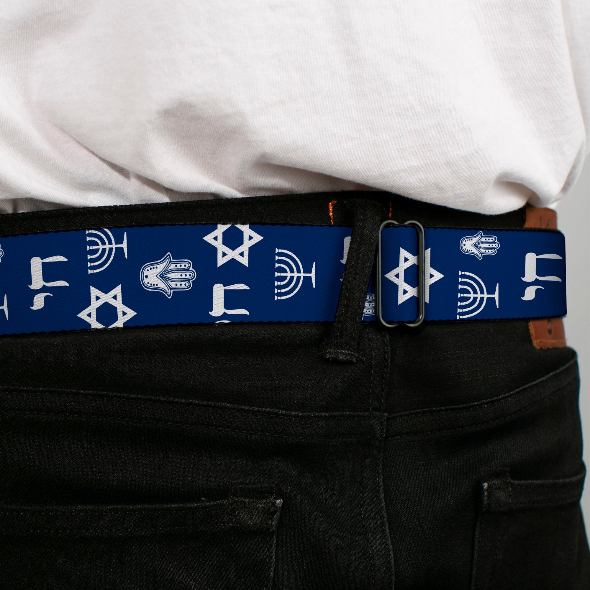 BD Wings Logo CLOSE-UP Full Color Black Silver Seatbelt Belt - Jewish Symbols-4 Blue/White Webbing Seatbelt Belts Buckle-Down