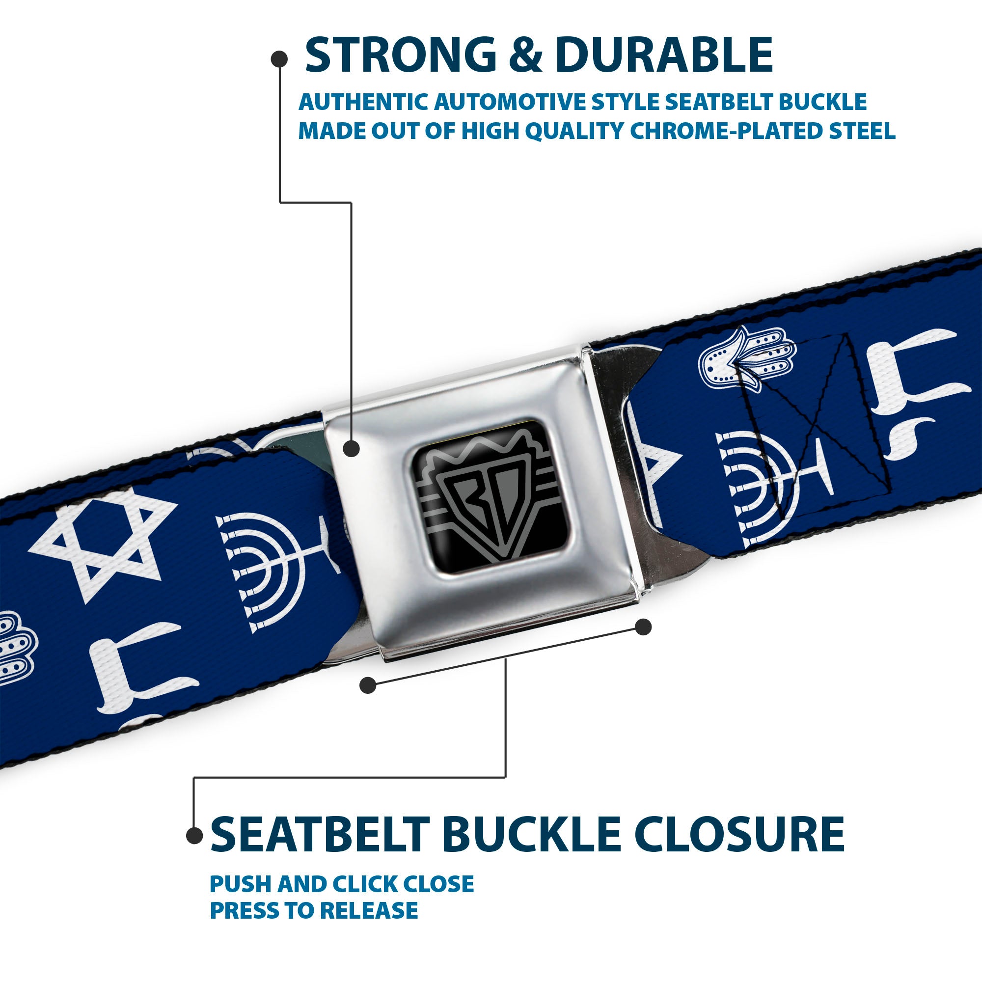 BD Wings Logo CLOSE-UP Full Color Black Silver Seatbelt Belt - Jewish Symbols-4 Blue/White Webbing Seatbelt Belts Buckle-Down