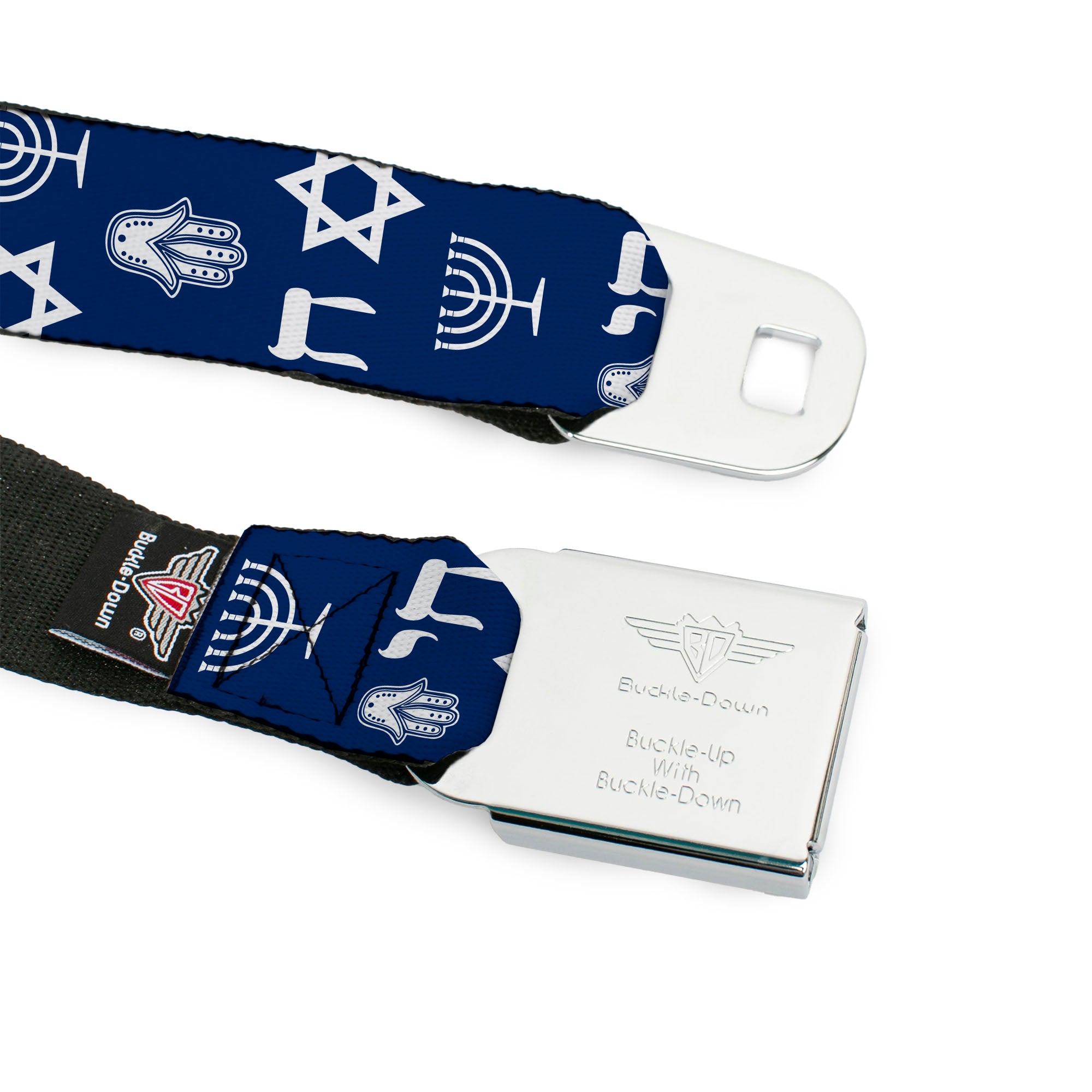 BD Wings Logo CLOSE-UP Full Color Black Silver Seatbelt Belt - Jewish Symbols-4 Blue/White Webbing Seatbelt Belts Buckle-Down