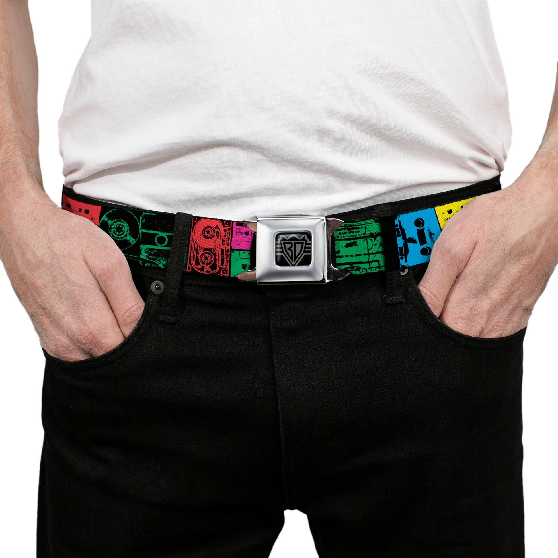 BD Wings Logo CLOSE-UP Full Color Black Silver Seatbelt Belt - Jagged Steps Stripe Greens Webbing Seatbelt Belts Buckle-Down