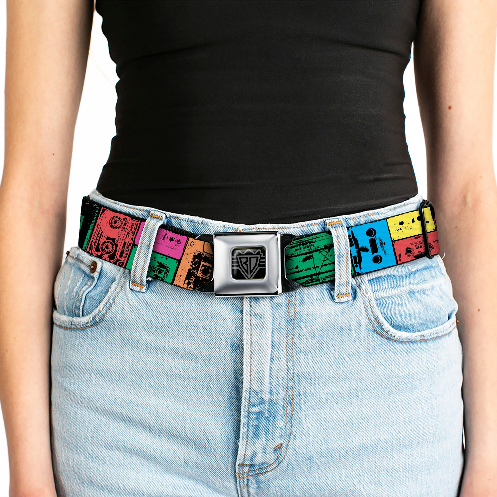 BD Wings Logo CLOSE-UP Full Color Black Silver Seatbelt Belt - Jagged Steps Stripe Greens Webbing Seatbelt Belts Buckle-Down