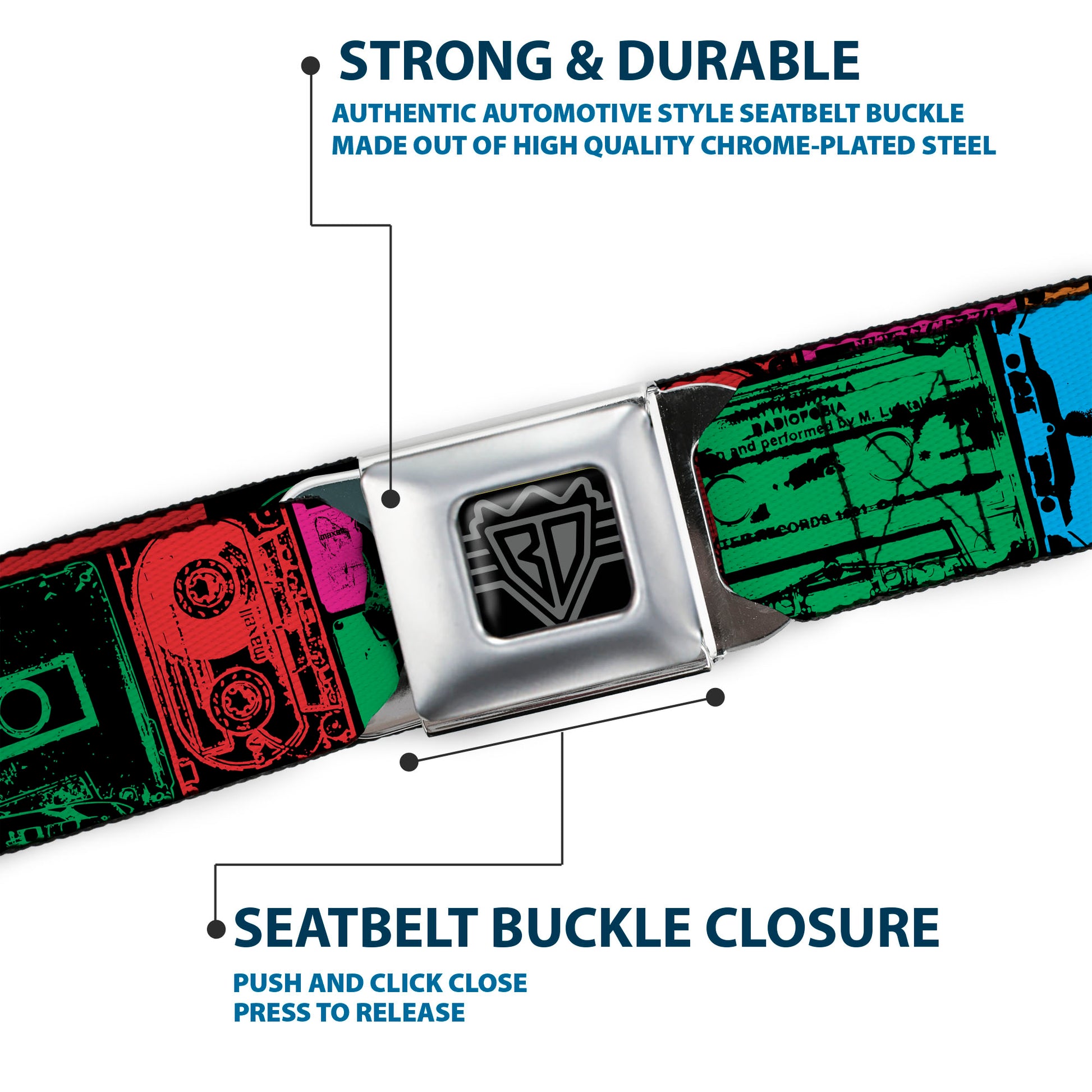 BD Wings Logo CLOSE-UP Full Color Black Silver Seatbelt Belt - Jagged Steps Stripe Greens Webbing Seatbelt Belts Buckle-Down