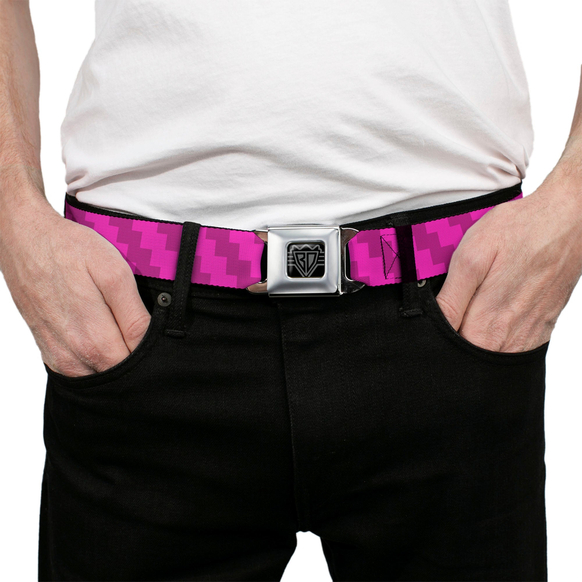 BD Wings Logo CLOSE-UP Full Color Black Silver Seatbelt Belt - Jagged Steps Stripe Pinks Webbing Seatbelt Belts Buckle-Down