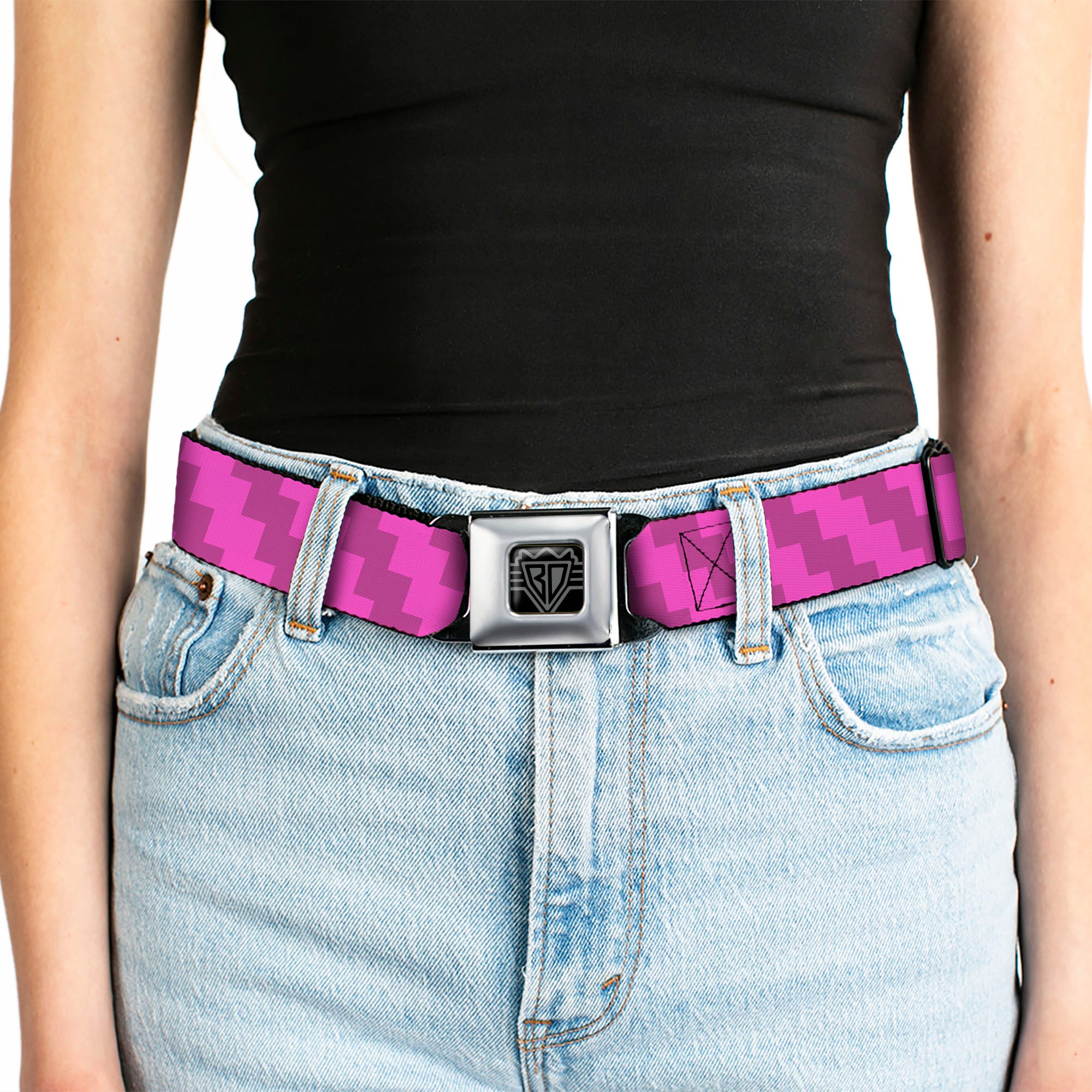 BD Wings Logo CLOSE-UP Full Color Black Silver Seatbelt Belt - Jagged Steps Stripe Pinks Webbing Seatbelt Belts Buckle-Down