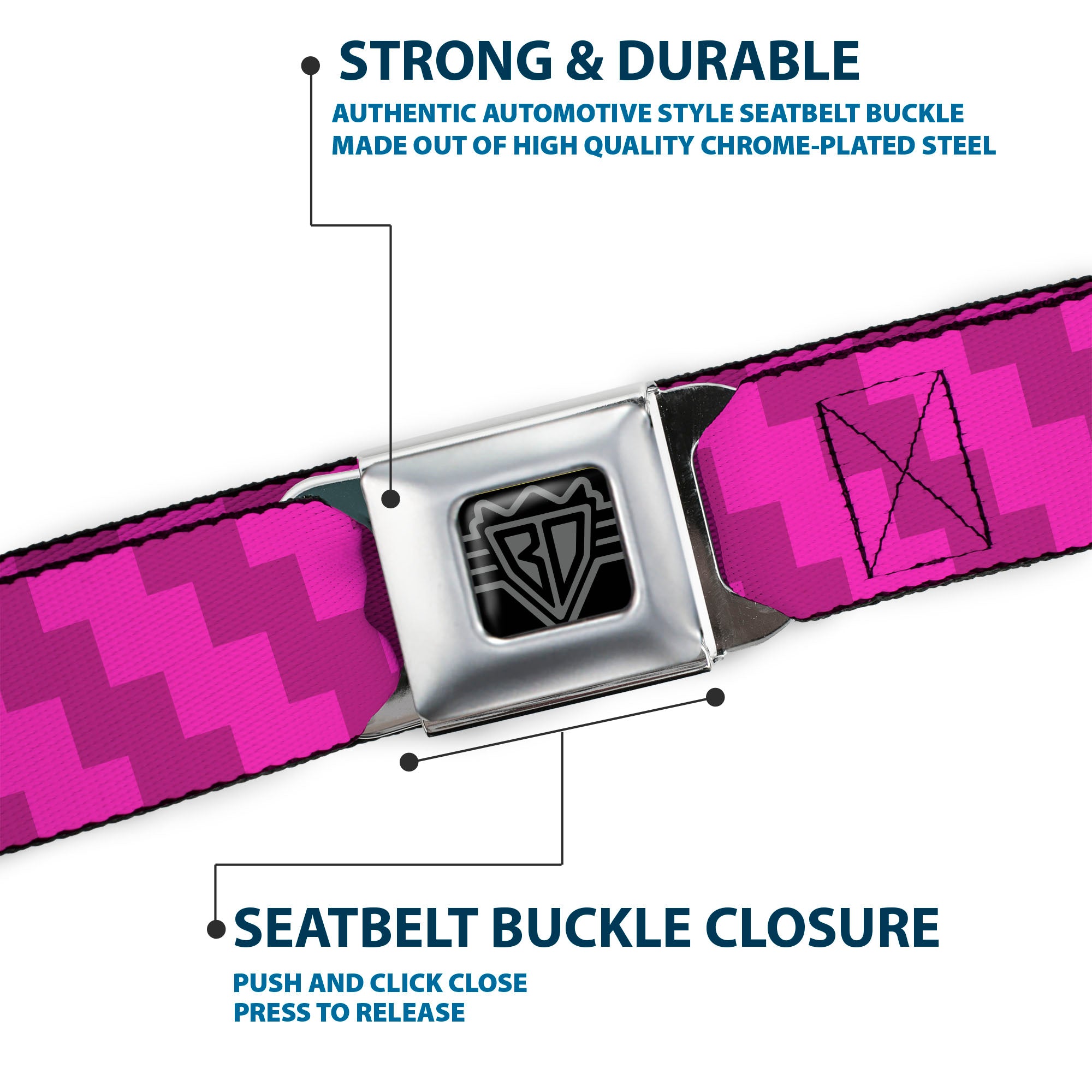 BD Wings Logo CLOSE-UP Full Color Black Silver Seatbelt Belt - Jagged Steps Stripe Pinks Webbing Seatbelt Belts Buckle-Down