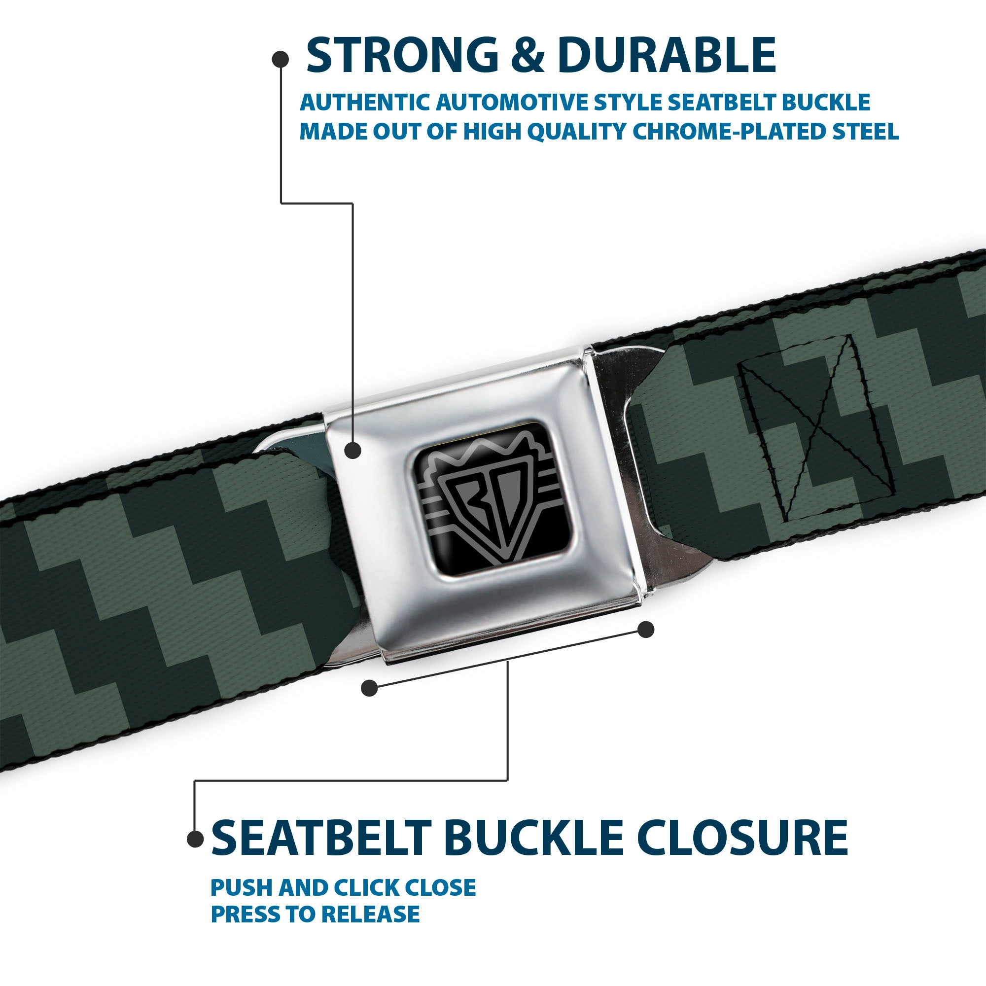 BD Wings Logo CLOSE-UP Full Color Black Silver Seatbelt Belt - Jagged Steps Stripe Grays Webbing Seatbelt Belts Buckle-Down
