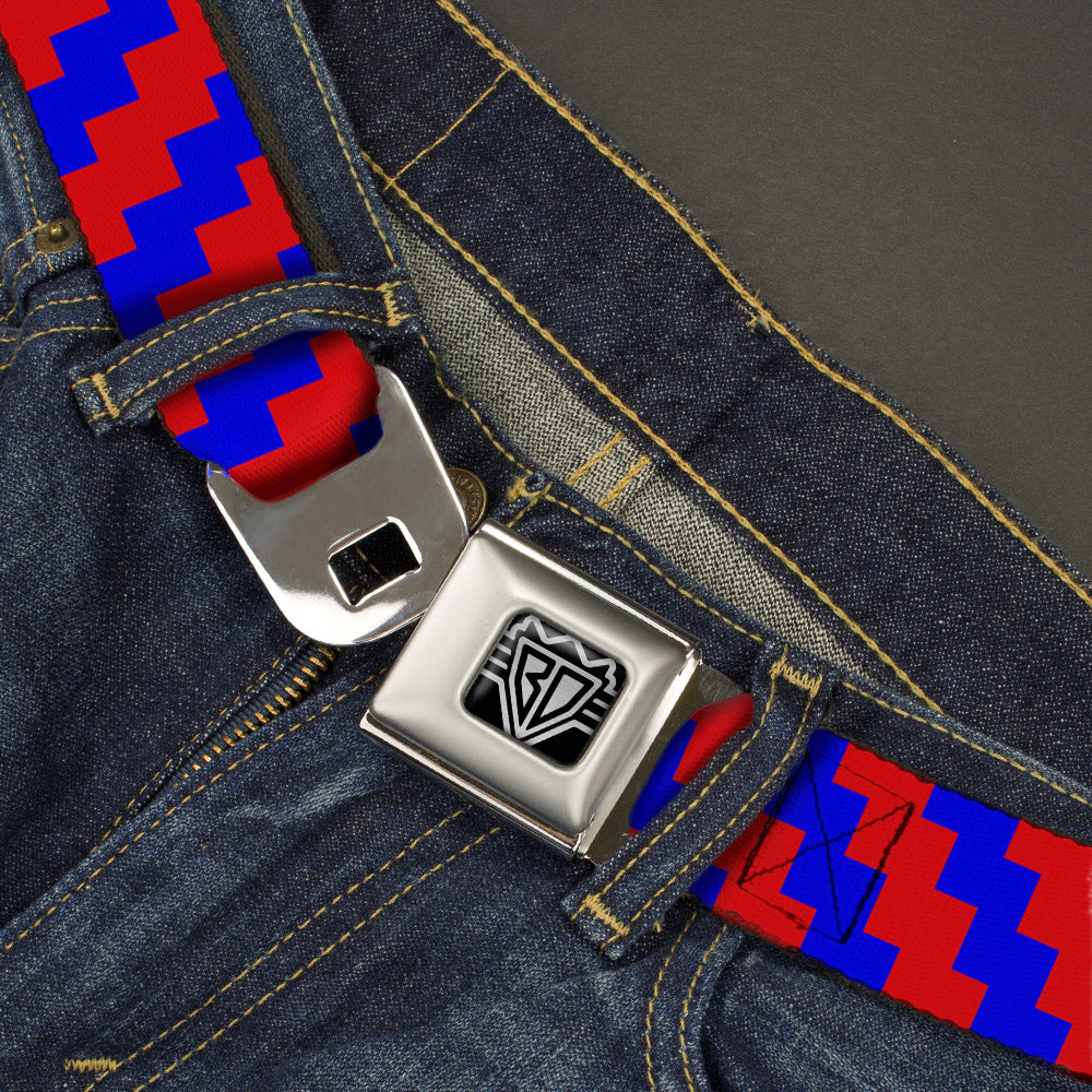 BD Wings Logo CLOSE-UP Full Color Black Silver Seatbelt Belt - Jagged Steps Stripe Red/Blue Webbing Seatbelt Belts Buckle-Down