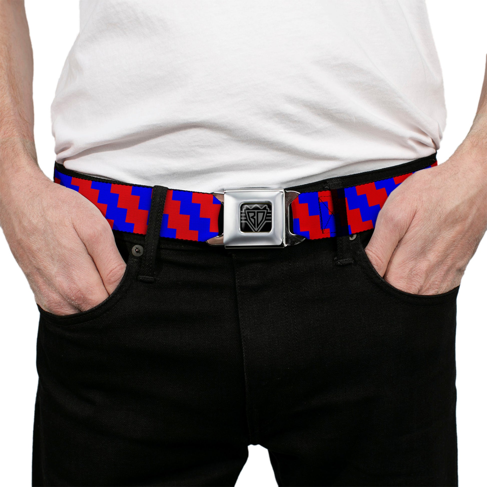 BD Wings Logo CLOSE-UP Full Color Black Silver Seatbelt Belt - Jagged Steps Stripe Red/Blue Webbing Seatbelt Belts Buckle-Down