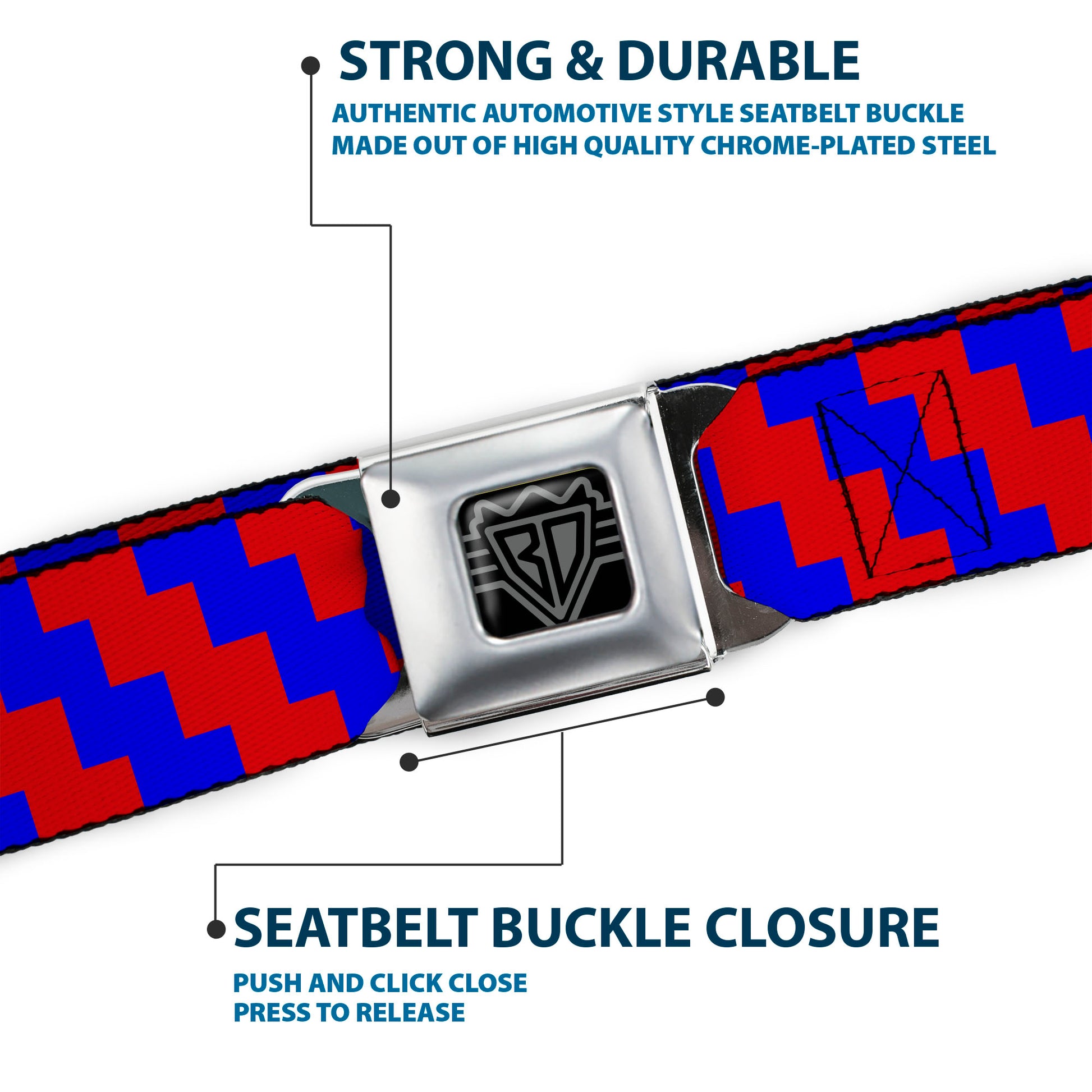 BD Wings Logo CLOSE-UP Full Color Black Silver Seatbelt Belt - Jagged Steps Stripe Red/Blue Webbing Seatbelt Belts Buckle-Down