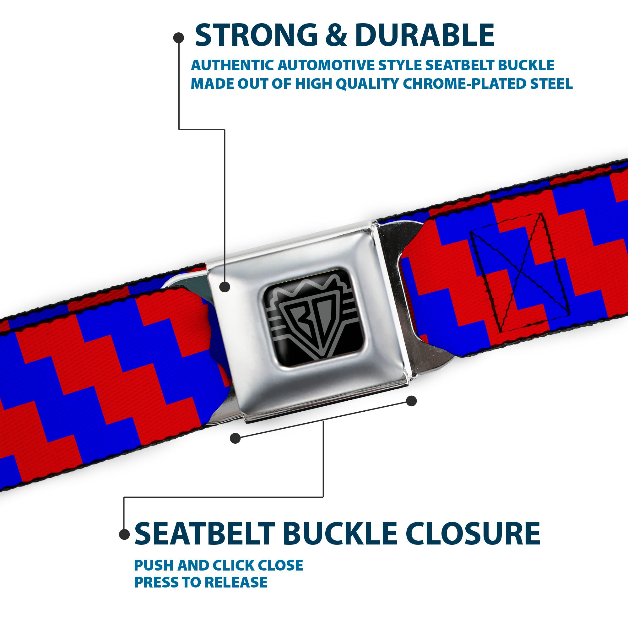 BD Wings Logo CLOSE-UP Full Color Black Silver Seatbelt Belt - Jagged Steps Stripe Red/Blue Webbing Seatbelt Belts Buckle-Down