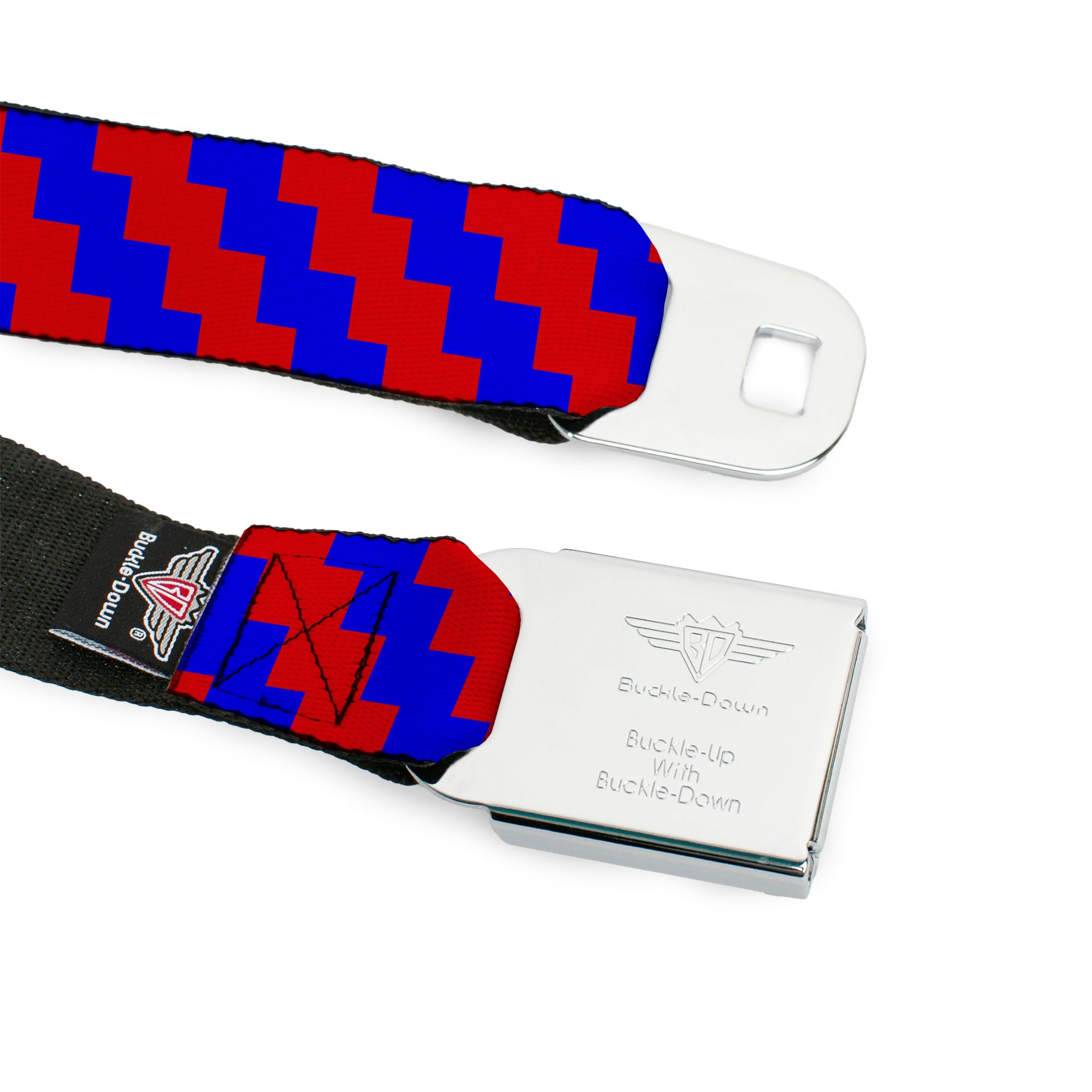 BD Wings Logo CLOSE-UP Full Color Black Silver Seatbelt Belt - Jagged Steps Stripe Red/Blue Webbing Seatbelt Belts Buckle-Down
