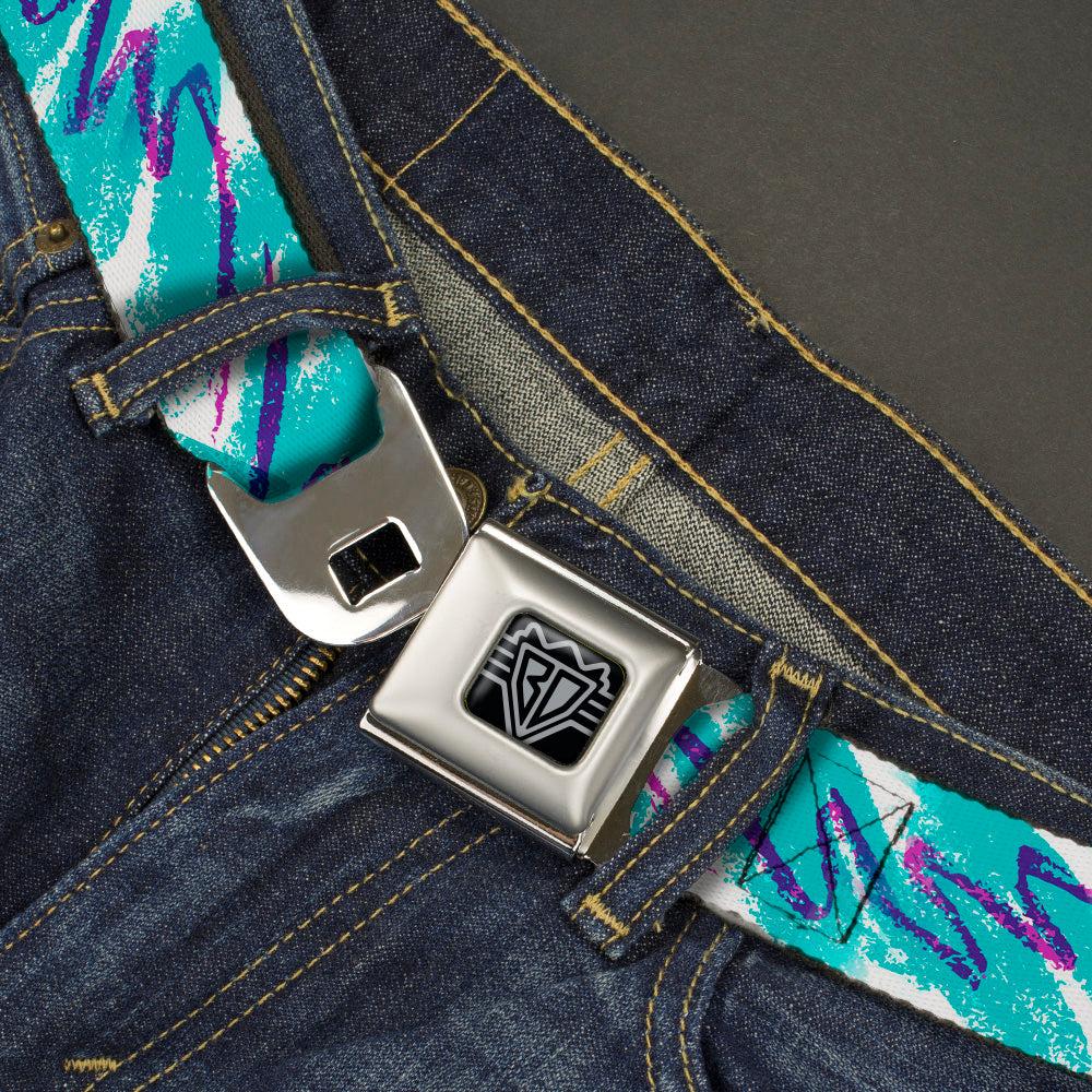 BD Wings Logo CLOSE-UP Black/Silver Seatbelt Belt - Jazzy Wave Scribble White/Teal/Purple Webbing Seatbelt Belts Buckle-Down