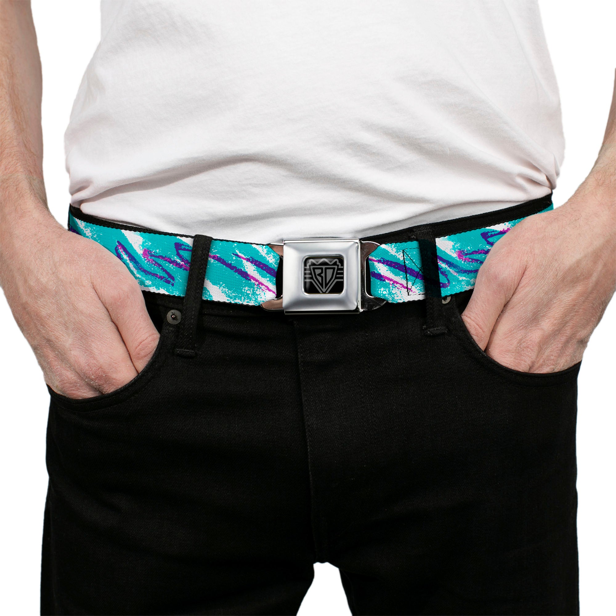 BD Wings Logo CLOSE-UP Black/Silver Seatbelt Belt - Jazzy Wave Scribble White/Teal/Purple Webbing Seatbelt Belts Buckle-Down