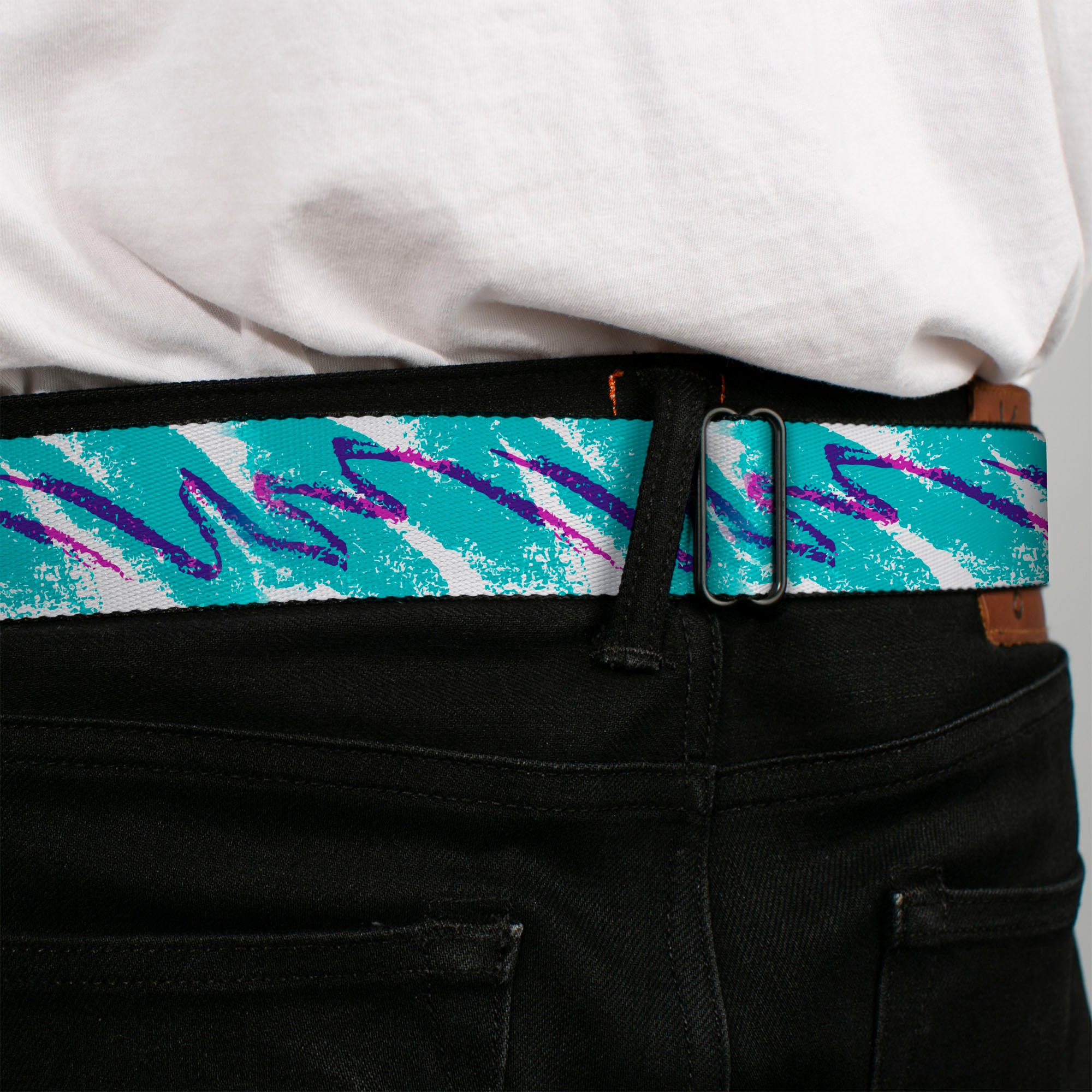 BD Wings Logo CLOSE-UP Black/Silver Seatbelt Belt - Jazzy Wave Scribble White/Teal/Purple Webbing Seatbelt Belts Buckle-Down