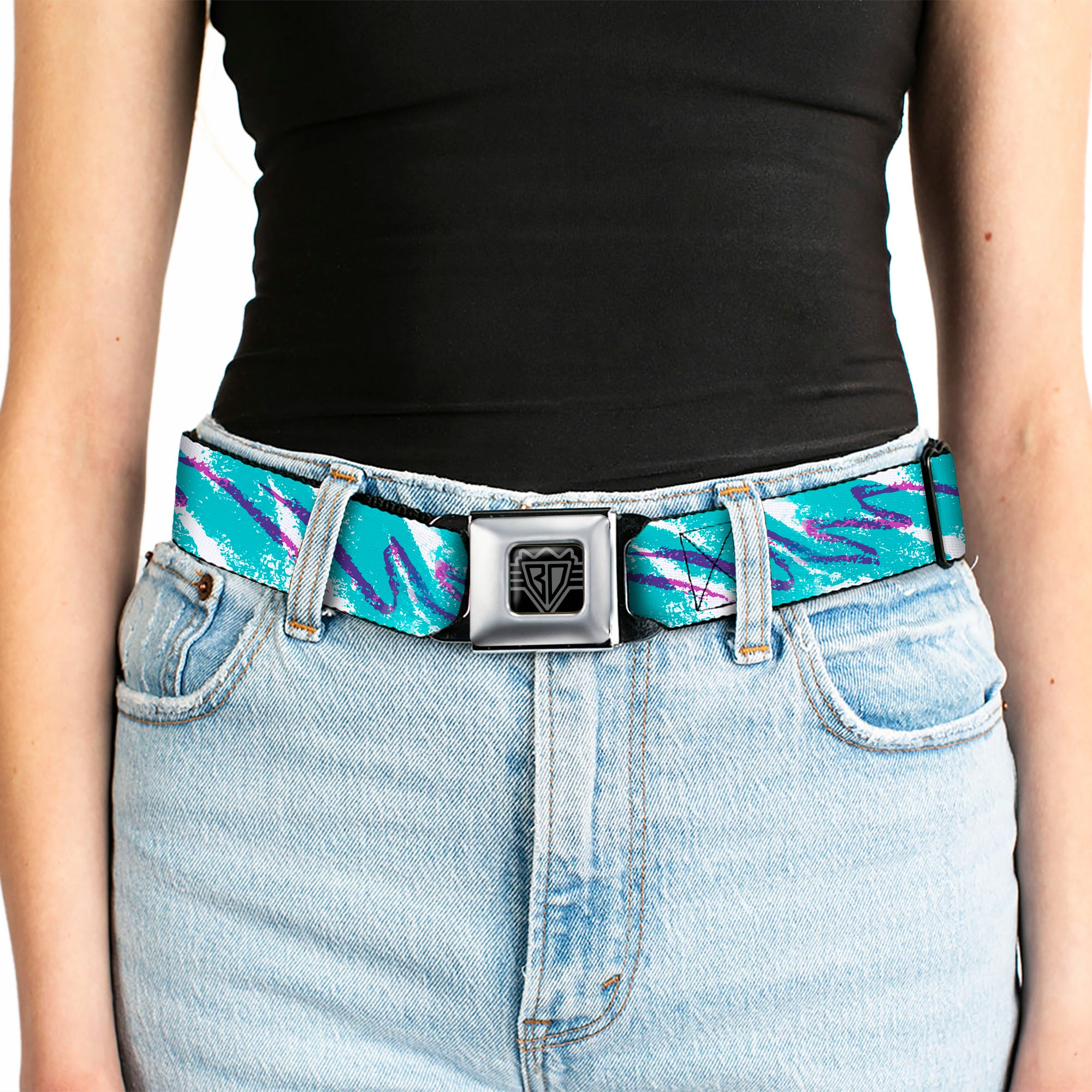 BD Wings Logo CLOSE-UP Black/Silver Seatbelt Belt - Jazzy Wave Scribble White/Teal/Purple Webbing Seatbelt Belts Buckle-Down