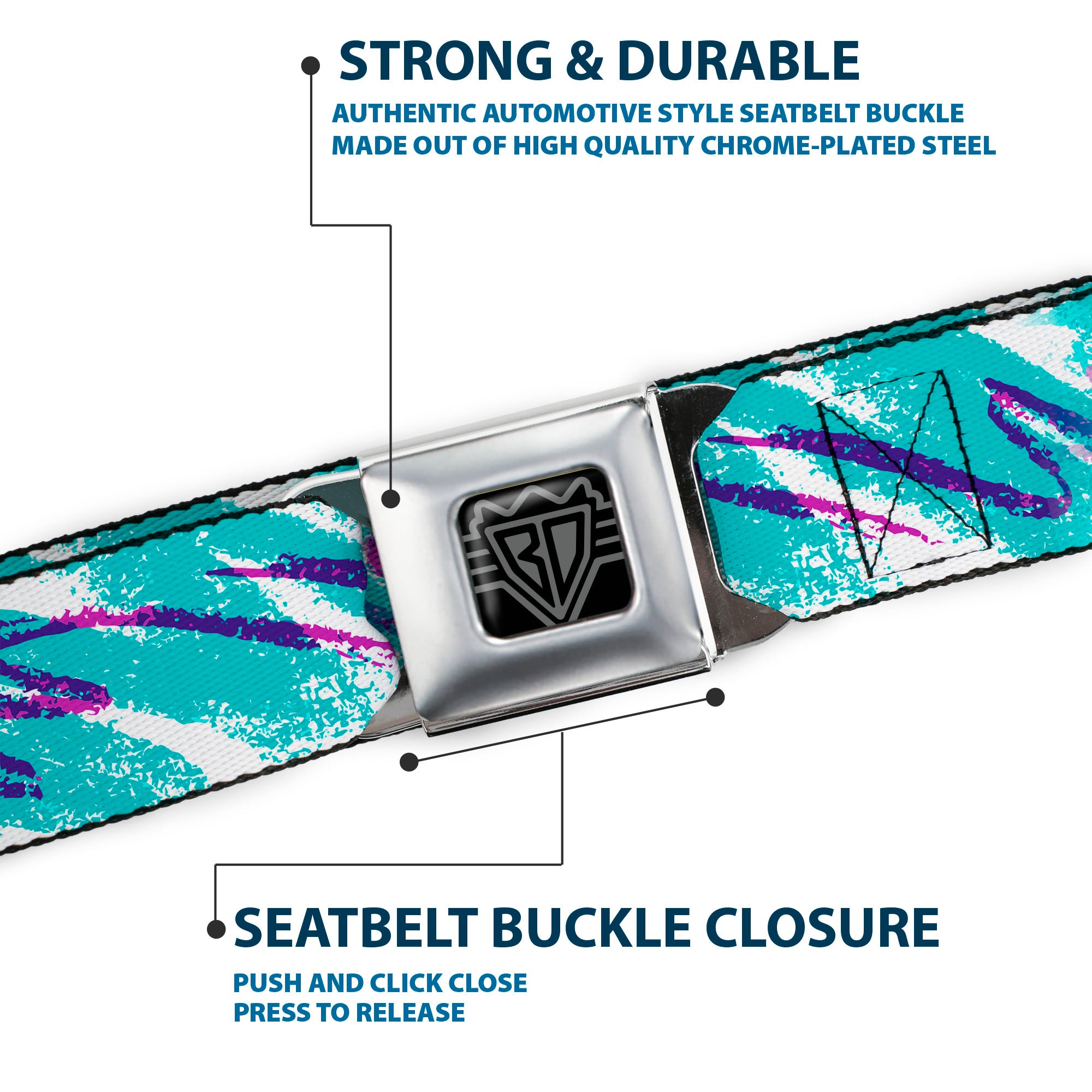 BD Wings Logo CLOSE-UP Black/Silver Seatbelt Belt - Jazzy Wave Scribble White/Teal/Purple Webbing Seatbelt Belts Buckle-Down