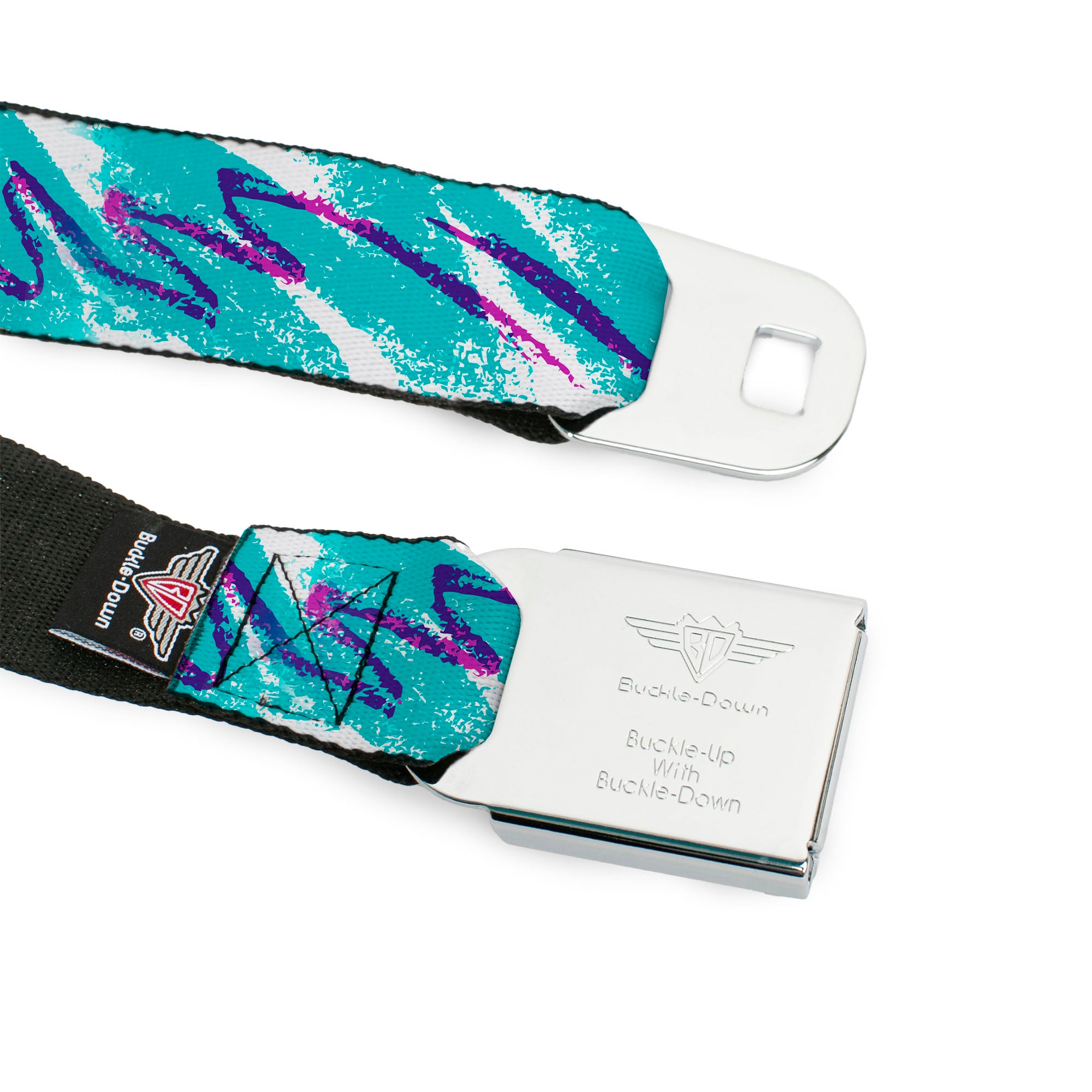 BD Wings Logo CLOSE-UP Black/Silver Seatbelt Belt - Jazzy Wave Scribble White/Teal/Purple Webbing Seatbelt Belts Buckle-Down