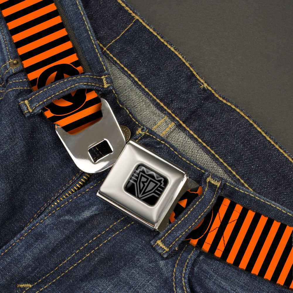 BD Wings Logo CLOSE-UP Black/Silver Seatbelt Belt - Jack-o'-Lantern Pumpkin Stripe Orange/Black Webbing Seatbelt Belts Buckle-Down