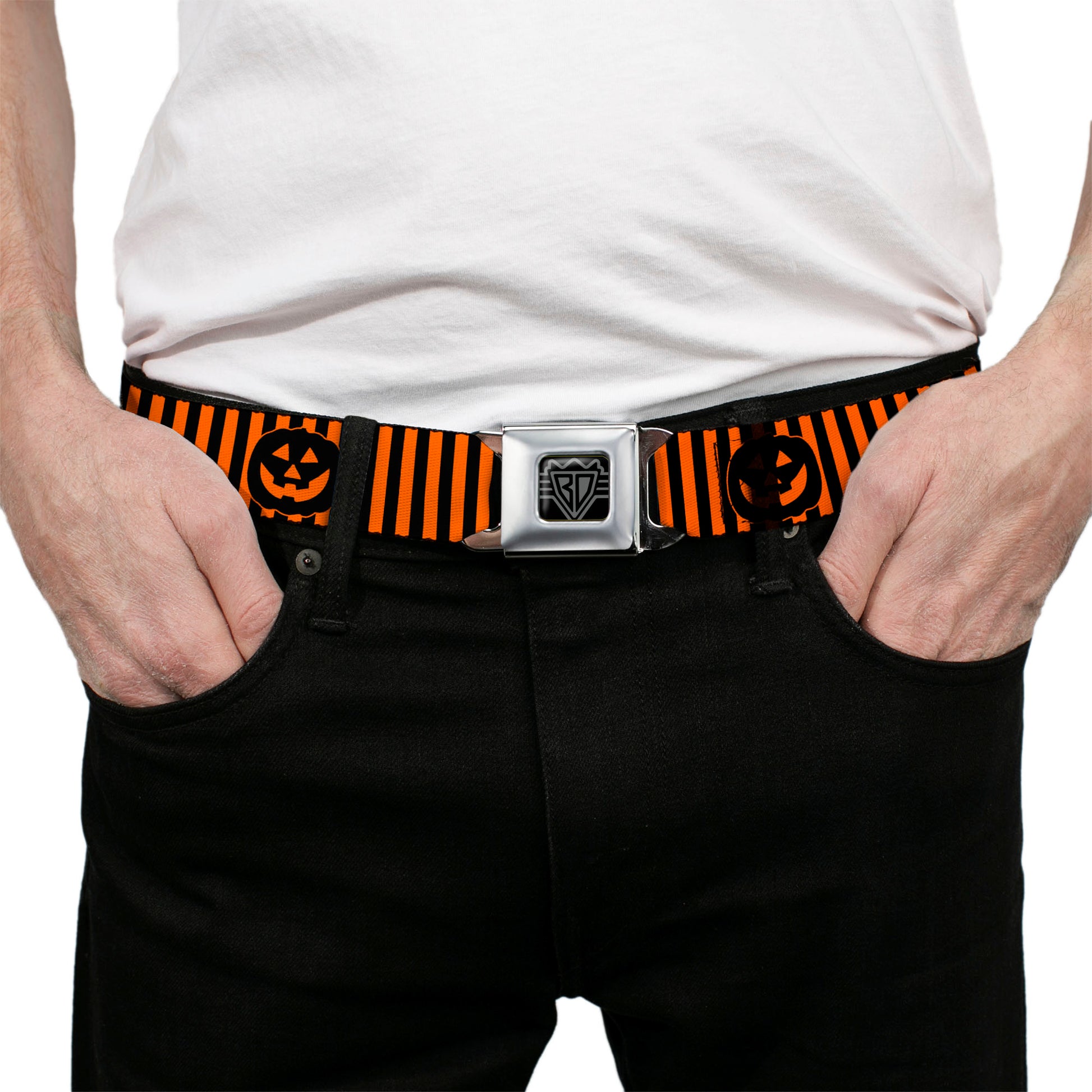 BD Wings Logo CLOSE-UP Black/Silver Seatbelt Belt - Jack-o'-Lantern Pumpkin Stripe Orange/Black Webbing Seatbelt Belts Buckle-Down