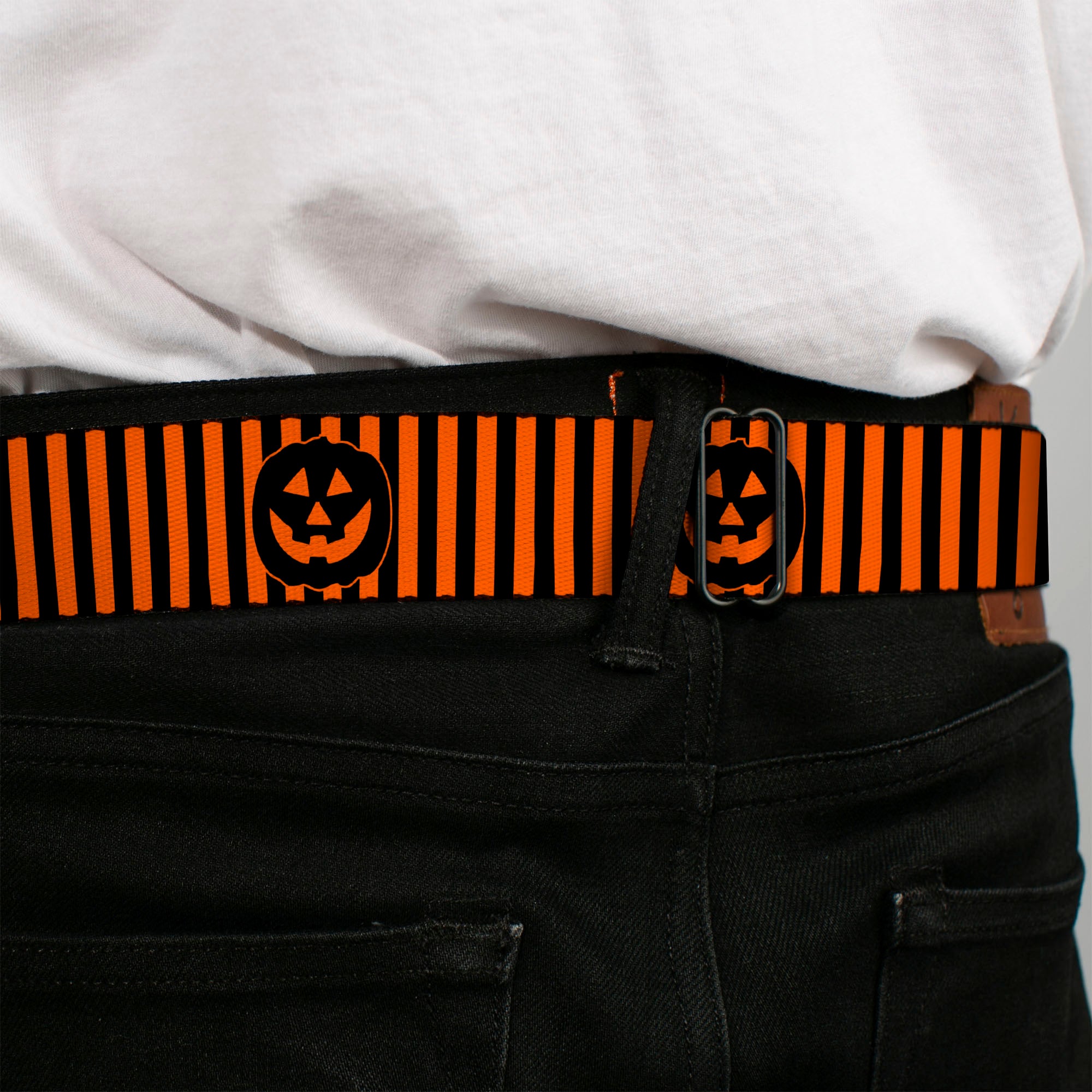 BD Wings Logo CLOSE-UP Black/Silver Seatbelt Belt - Jack-o'-Lantern Pumpkin Stripe Orange/Black Webbing Seatbelt Belts Buckle-Down
