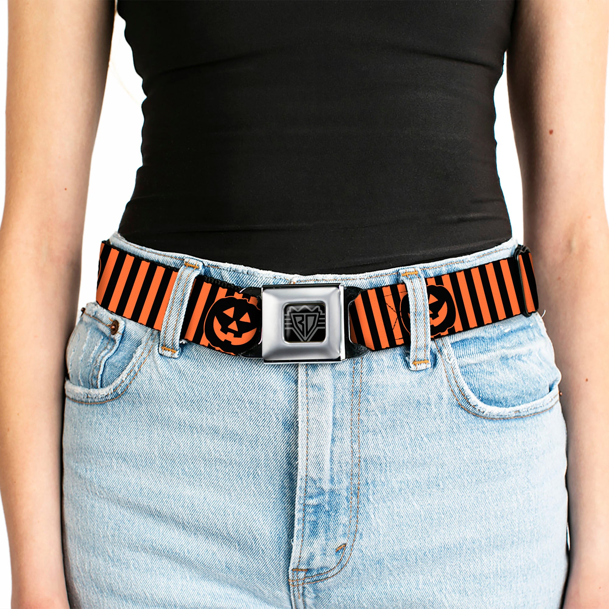 BD Wings Logo CLOSE-UP Black/Silver Seatbelt Belt - Jack-o'-Lantern Pumpkin Stripe Orange/Black Webbing Seatbelt Belts Buckle-Down