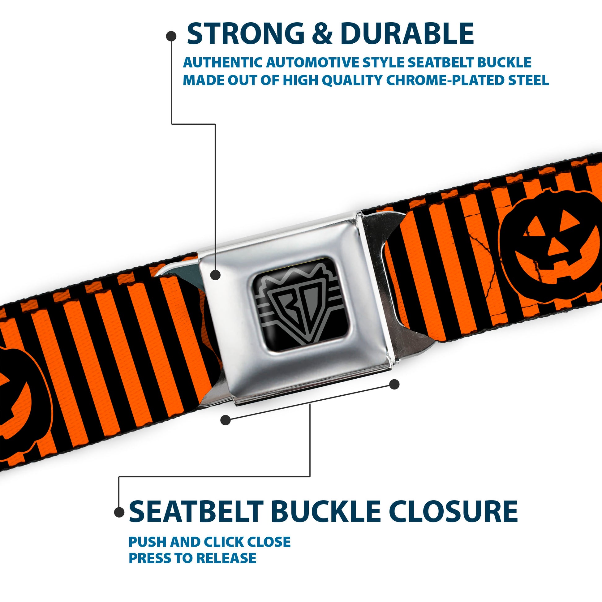 BD Wings Logo CLOSE-UP Black/Silver Seatbelt Belt - Jack-o'-Lantern Pumpkin Stripe Orange/Black Webbing Seatbelt Belts Buckle-Down