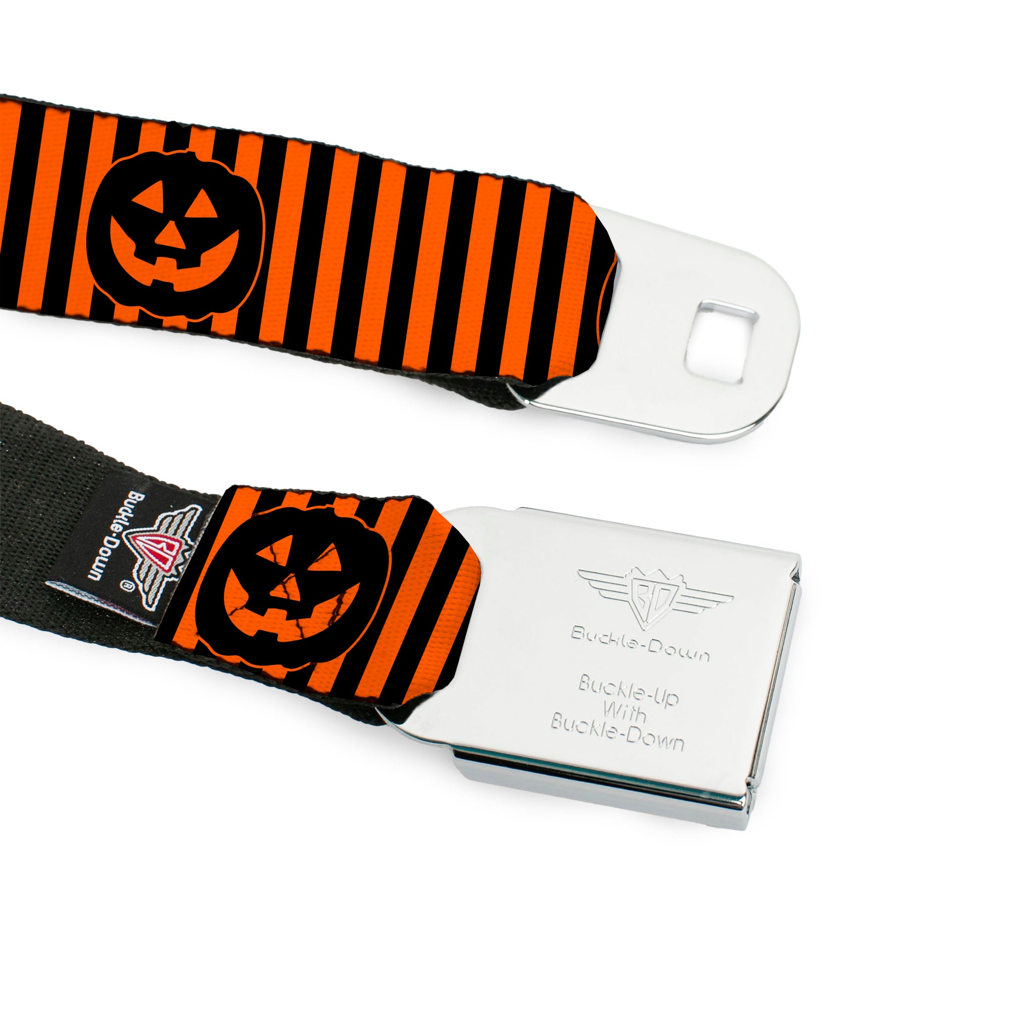 BD Wings Logo CLOSE-UP Black/Silver Seatbelt Belt - Jack-o'-Lantern Pumpkin Stripe Orange/Black Webbing Seatbelt Belts Buckle-Down