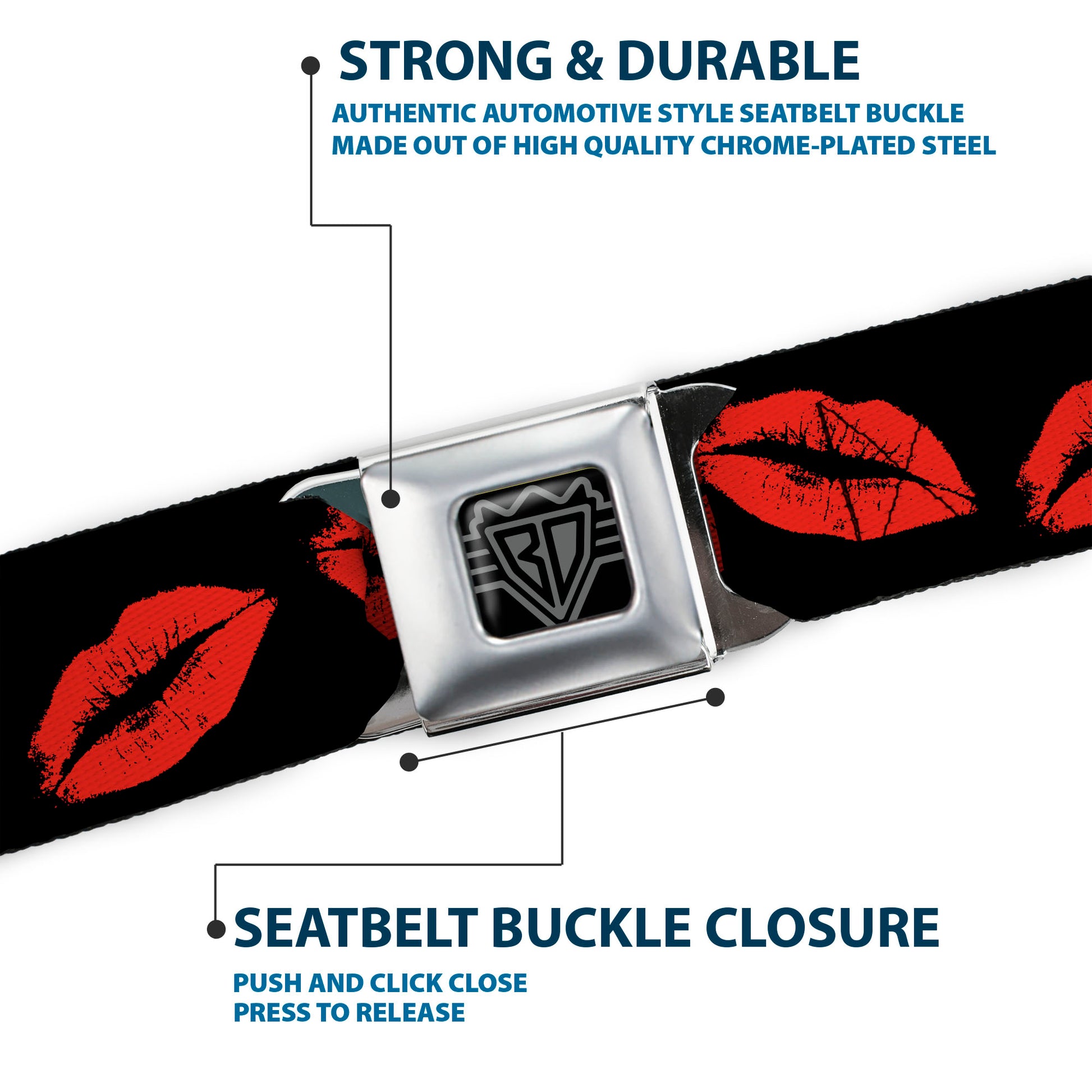 BD Wings Logo CLOSE-UP Full Color Black Silver Seatbelt Belt - Kisses Webbing Seatbelt Belts Buckle-Down