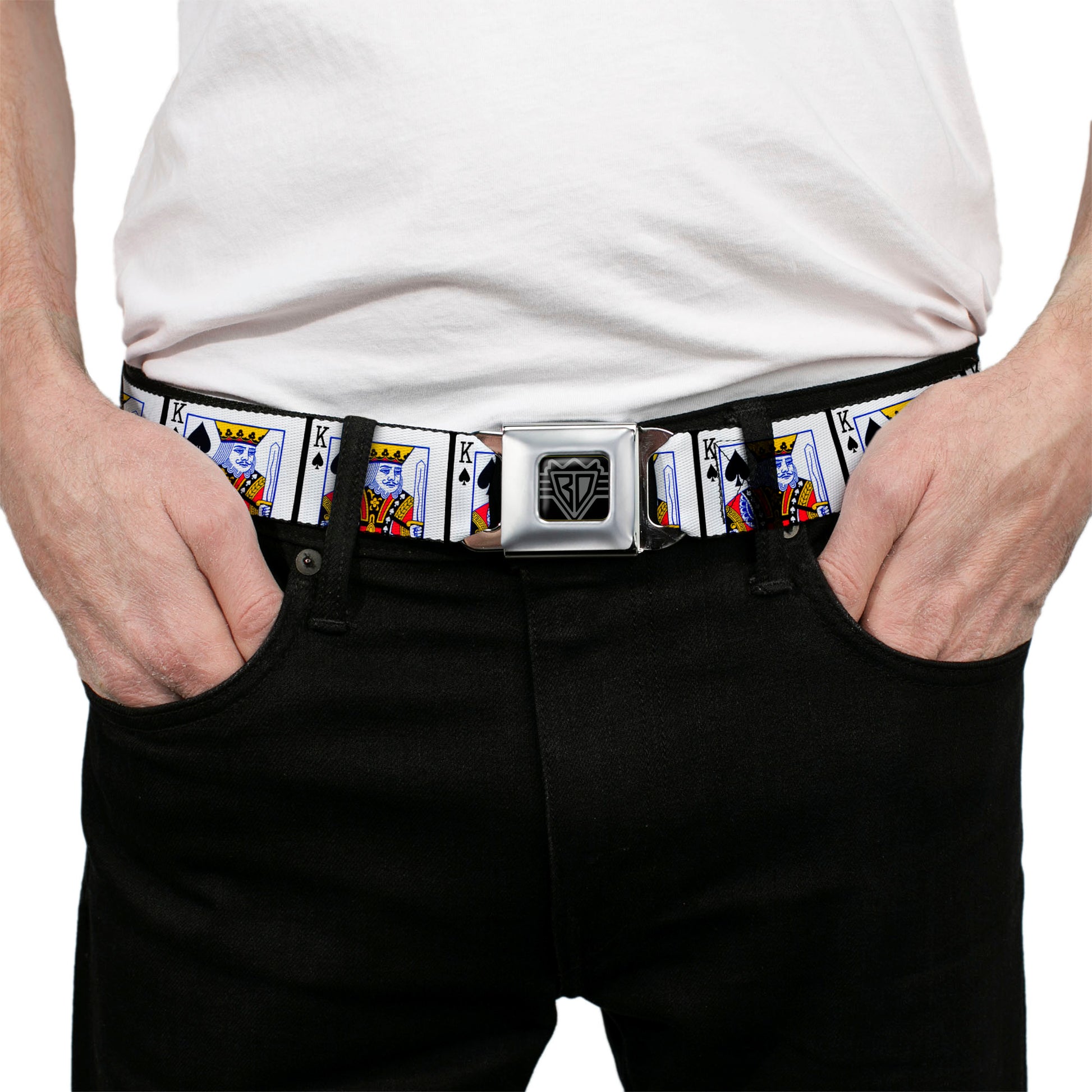 BD Wings Logo CLOSE-UP Full Color Black Silver Seatbelt Belt - King of Spades Webbing Seatbelt Belts Buckle-Down