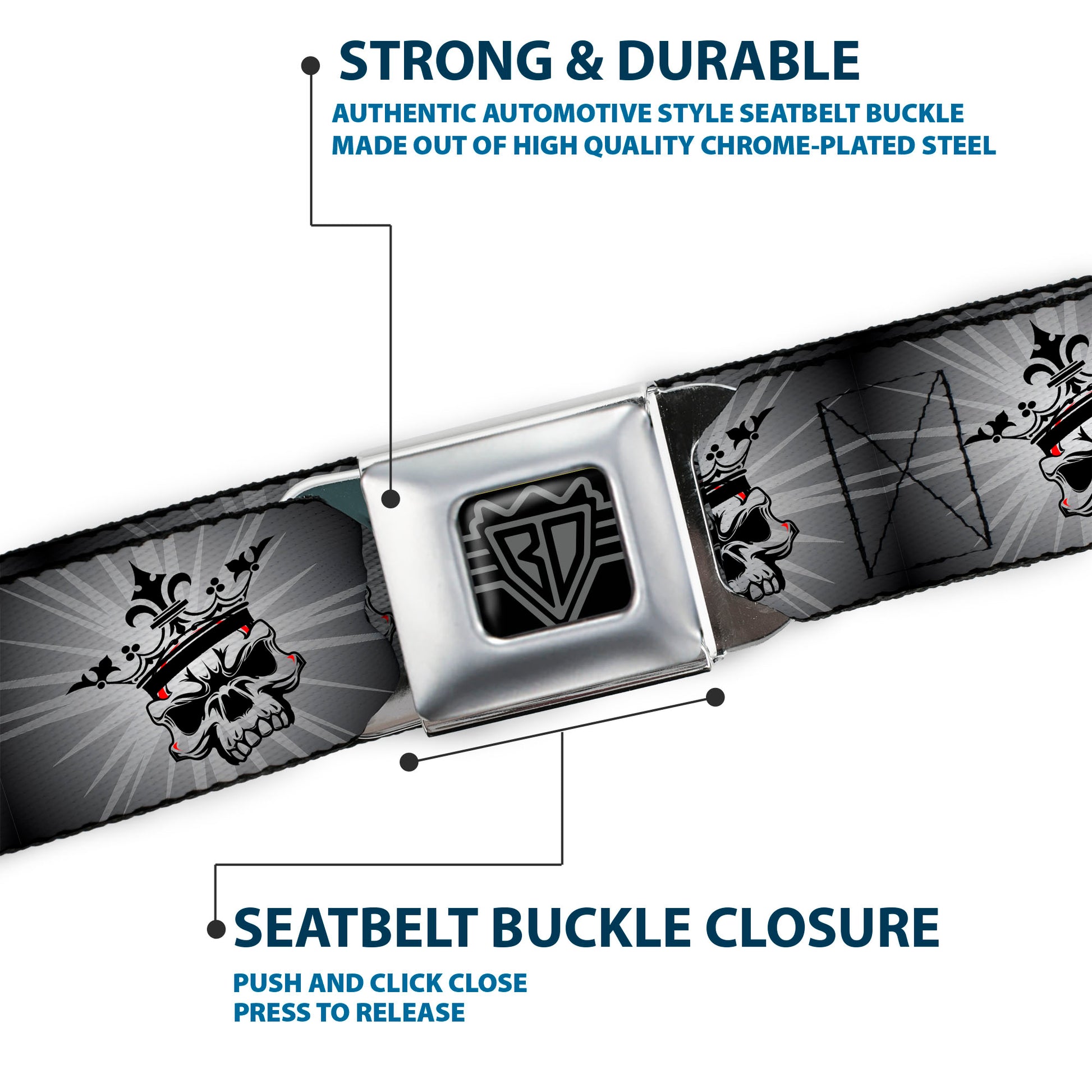 BD Wings Logo CLOSE-UP Full Color Black Silver Seatbelt Belt - King Skull Blocks/Rays Grays Webbing Seatbelt Belts Buckle-Down