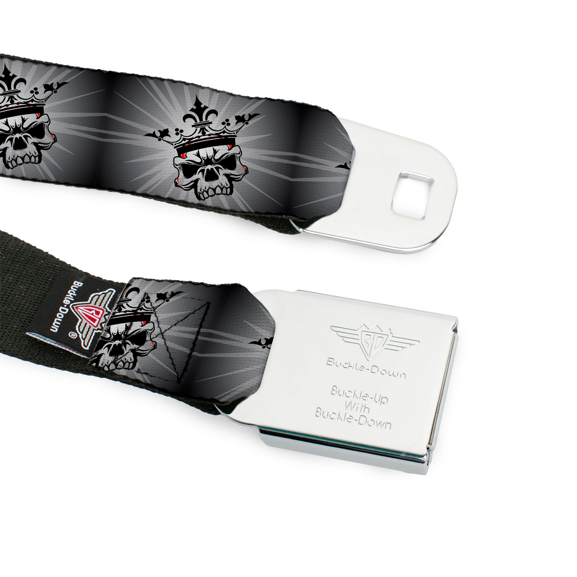 BD Wings Logo CLOSE-UP Full Color Black Silver Seatbelt Belt - King Skull Blocks/Rays Grays Webbing Seatbelt Belts Buckle-Down