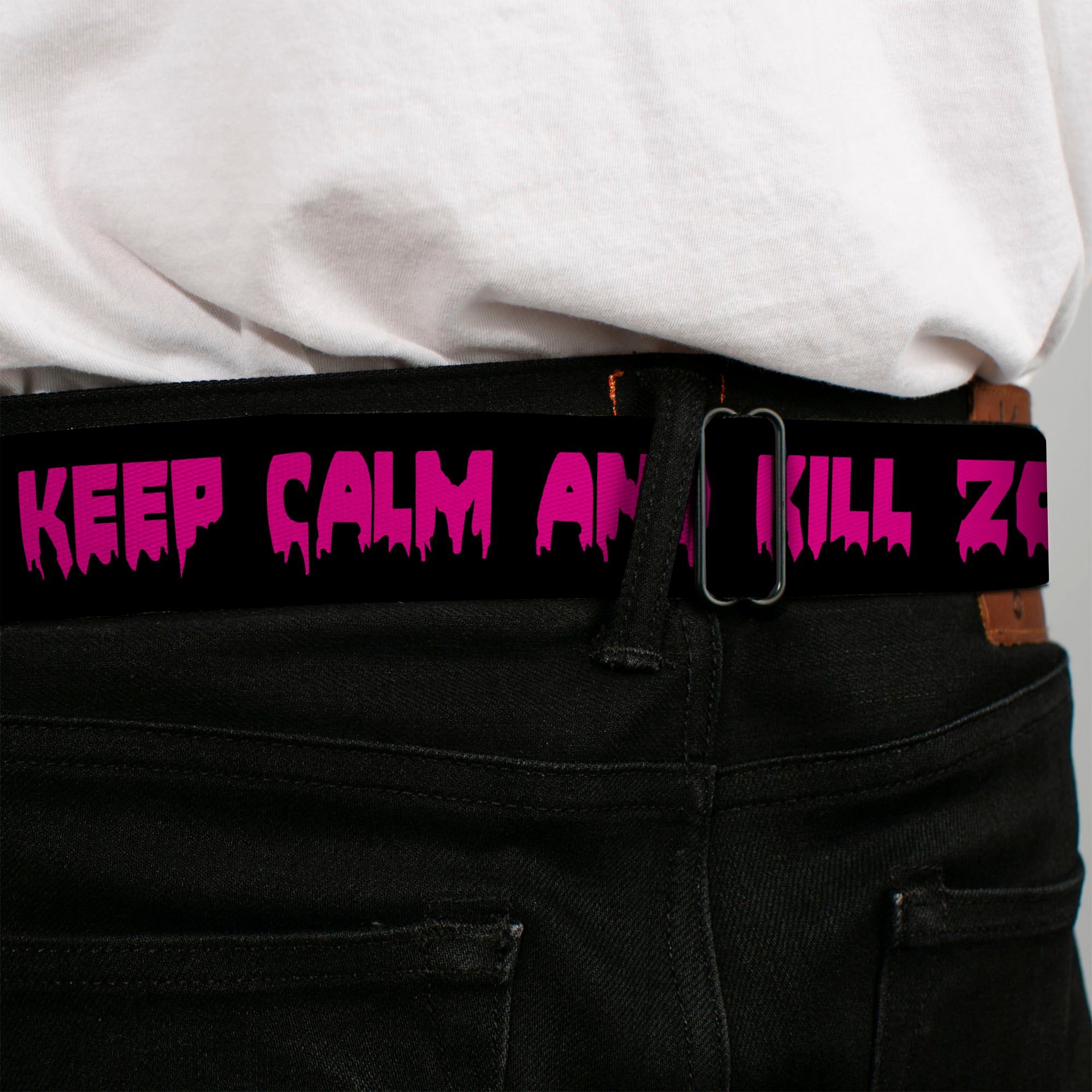 BD Wings Logo CLOSE-UP Full Color Black Silver Seatbelt Belt - KEEP CALM AND KILL ZOMBIES Black/Pink Webbing Seatbelt Belts Buckle-Down