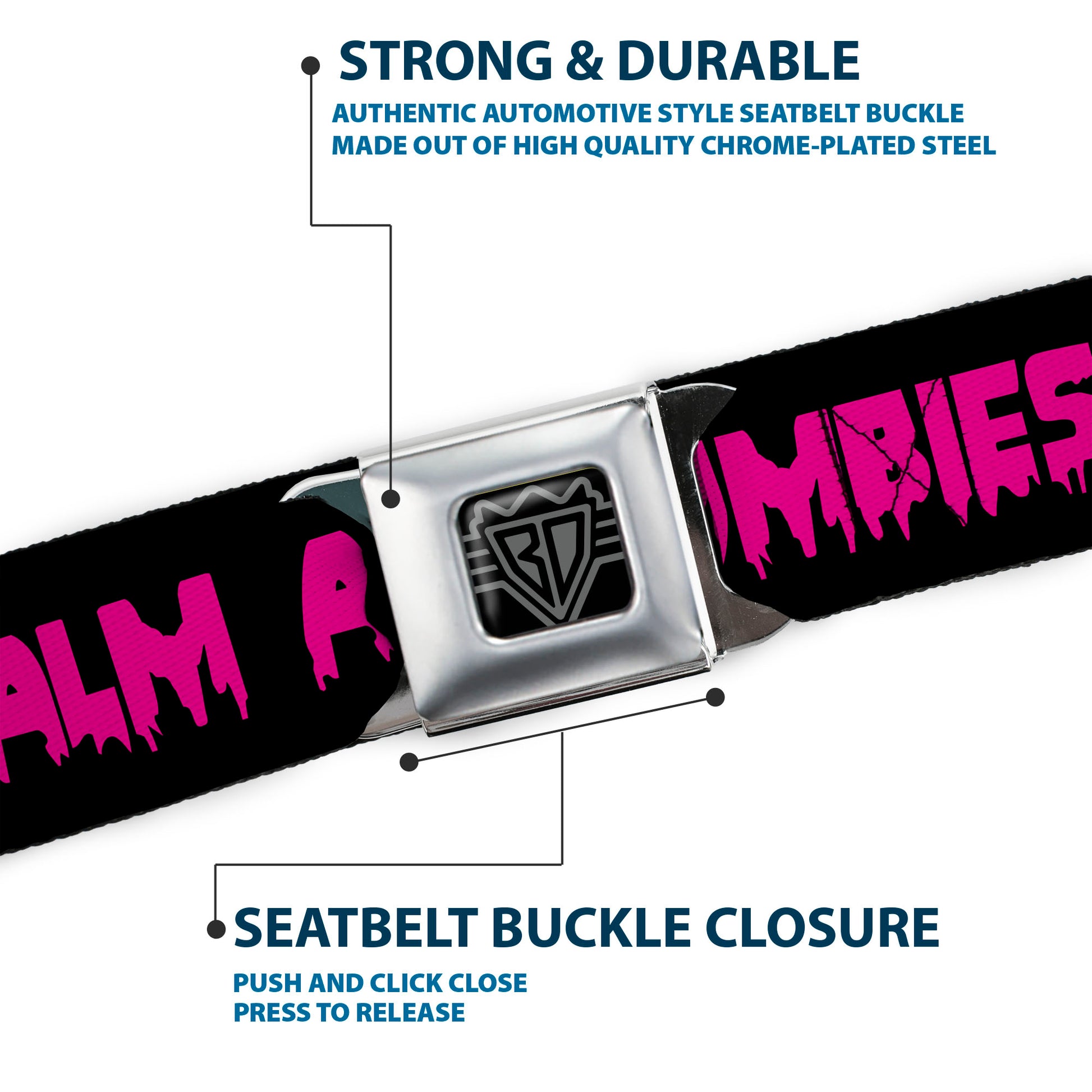 BD Wings Logo CLOSE-UP Full Color Black Silver Seatbelt Belt - KEEP CALM AND KILL ZOMBIES Black/Pink Webbing Seatbelt Belts Buckle-Down