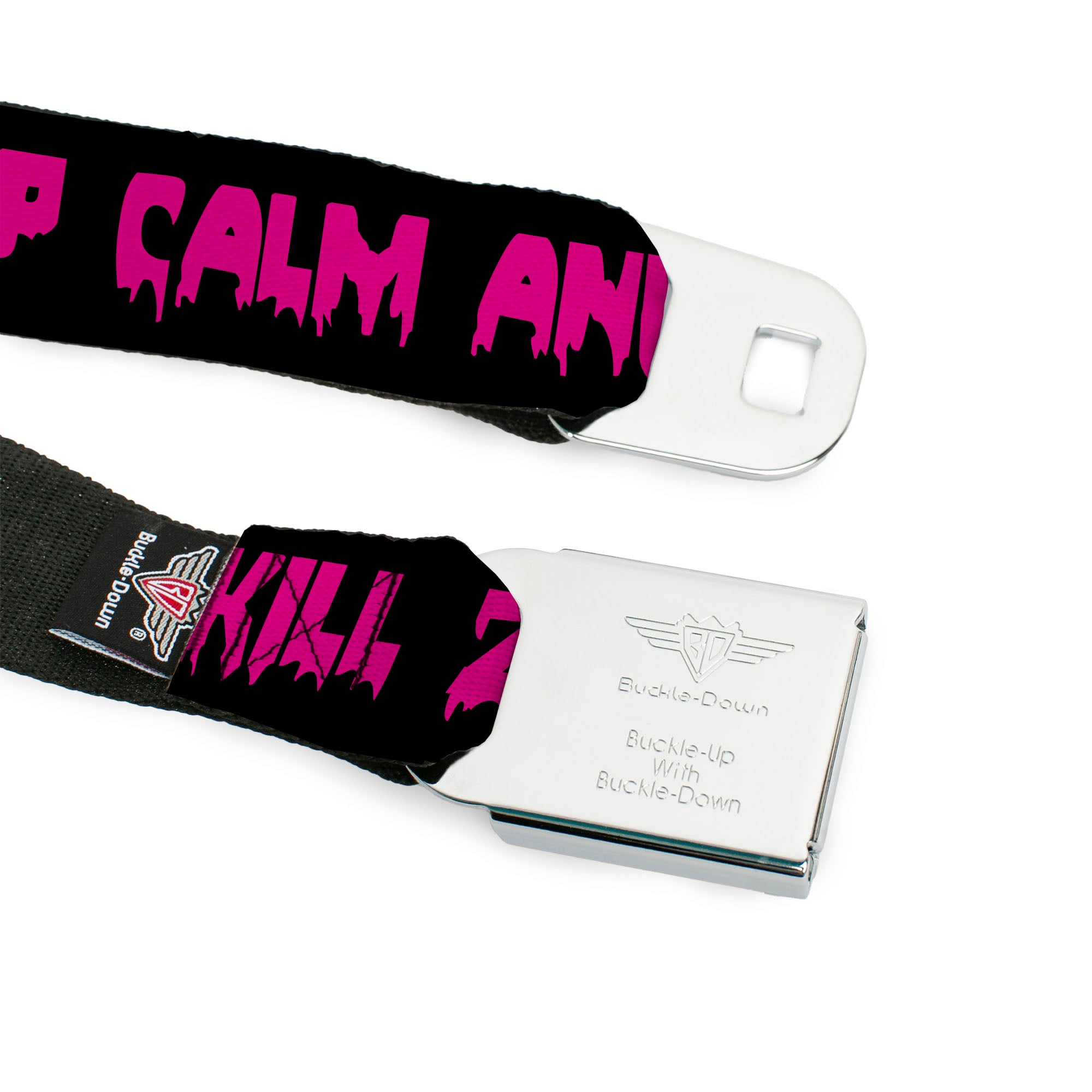 BD Wings Logo CLOSE-UP Full Color Black Silver Seatbelt Belt - KEEP CALM AND KILL ZOMBIES Black/Pink Webbing Seatbelt Belts Buckle-Down