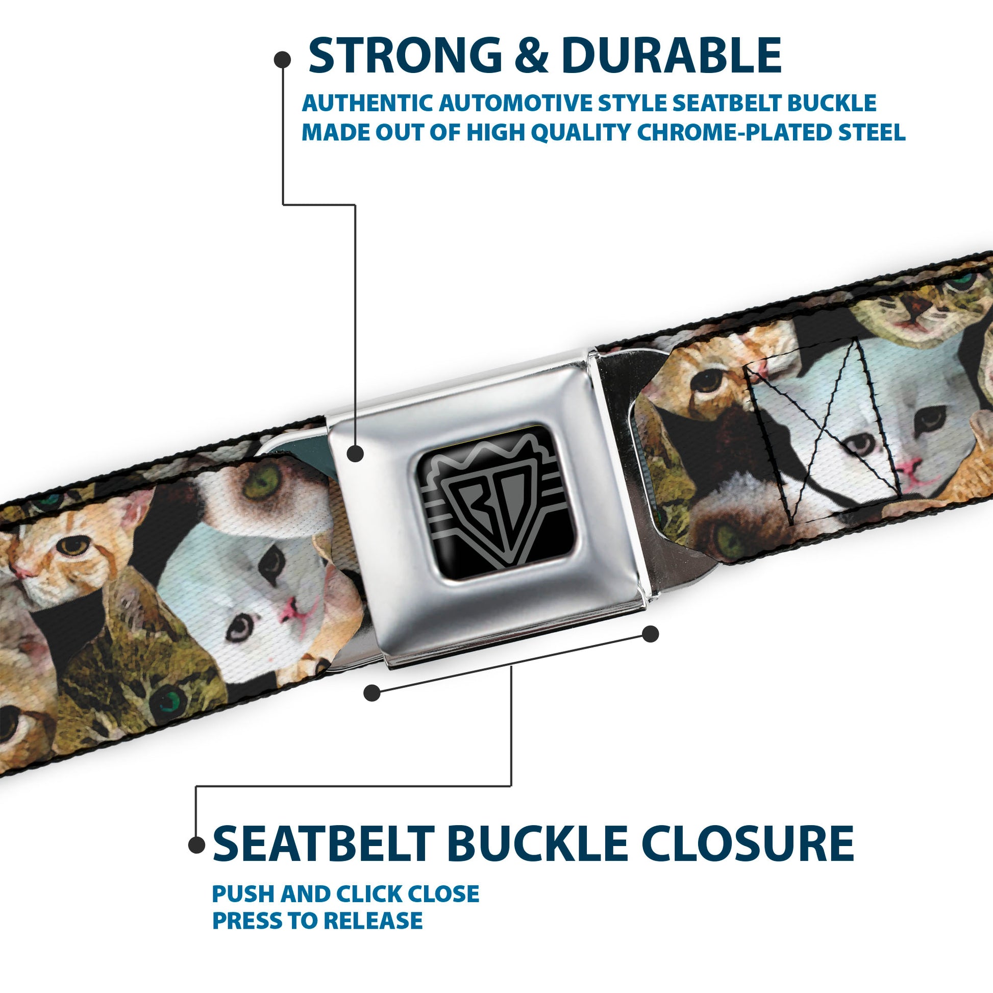 BD Wings Logo CLOSE-UP Full Color Black Silver Seatbelt Belt - Kitten Faces Scattered Black Webbing Seatbelt Belts Buckle-Down
